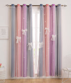 Yancorp Curtains For Girls Bedroom Kids Curtain Hollow-Out Star Window Nursery Curtain 63 Inches Length Room Darkening Grommet 2 Layers (Purple Pink Grey, W34 X L63)