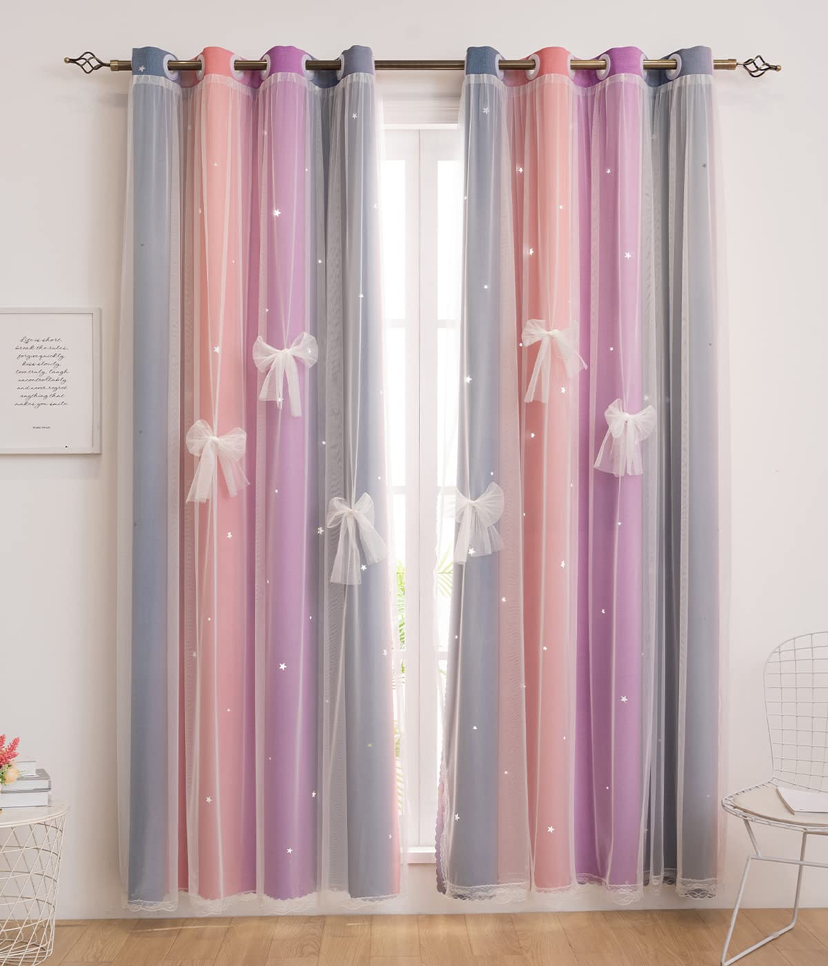 Yancorp Curtains For Girls Bedroom Kids Curtain Hollow-Out Star Window Nursery Curtain 63 Inches Length Room Darkening Grommet 2 Layers (Purple Pink Grey, W34 X L63)