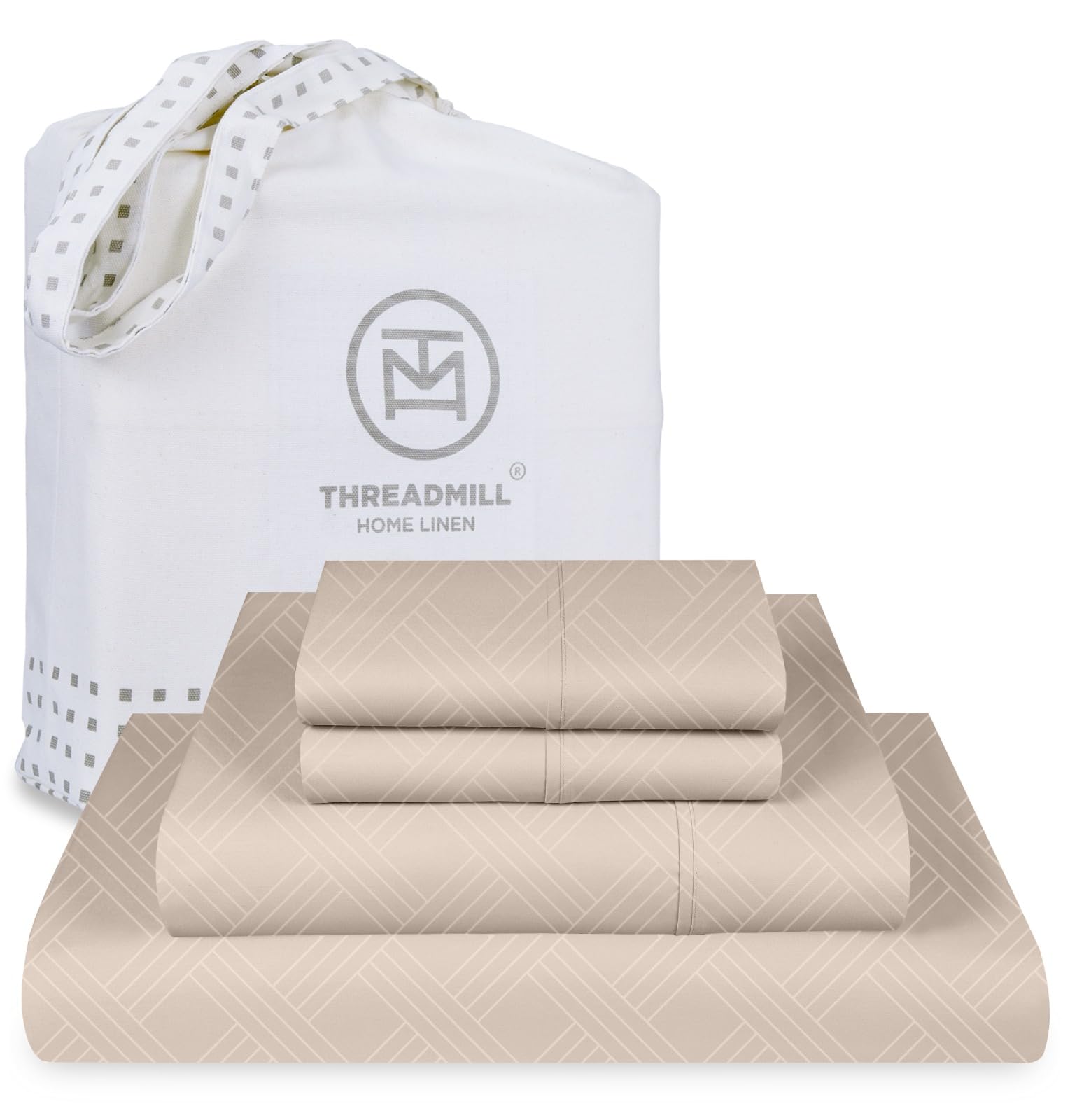 Threadmill California King Size Sheets | 800 Thread Count Jacquard Celine Light Beige | 4 Piece Striped Bed Sheets | Extra Long