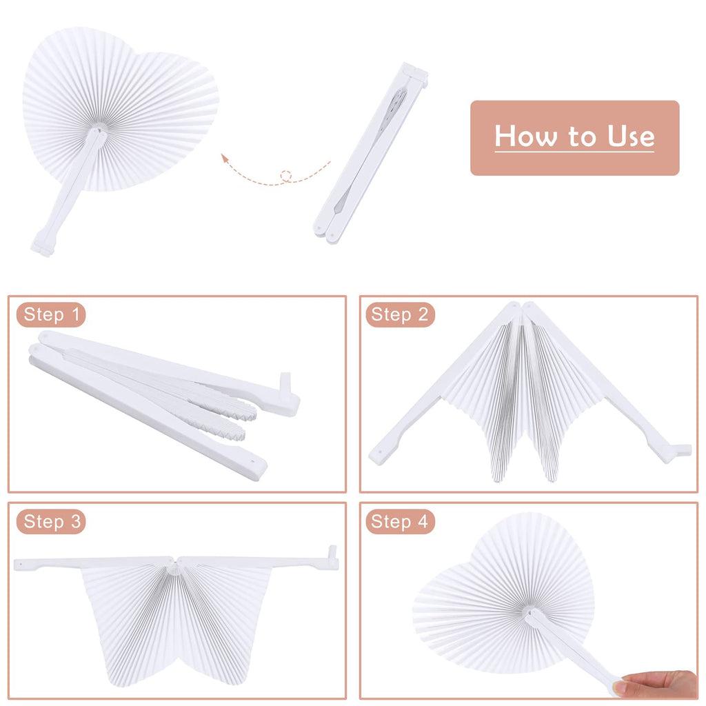 Aodaer 100 Pack Heart Shaped Folding Fans White Paper Fans Handheld Fans With Plastic Handles For Party, Wedding, Anniversary De