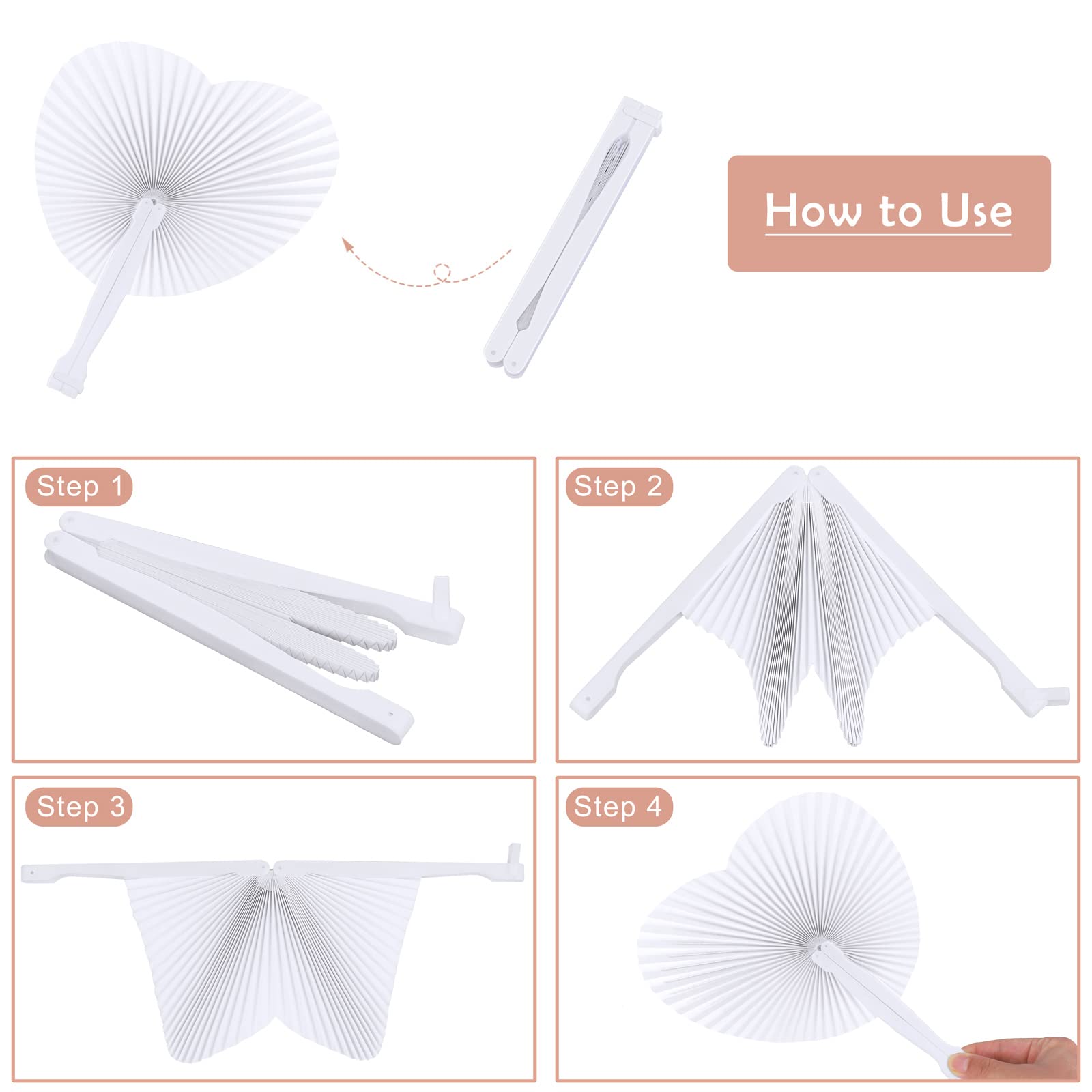 Aodaer 100 Pack Heart Shaped Folding Fans White Paper Fans Handheld Fans With Plastic Handles For Party, Wedding, Anniversary De