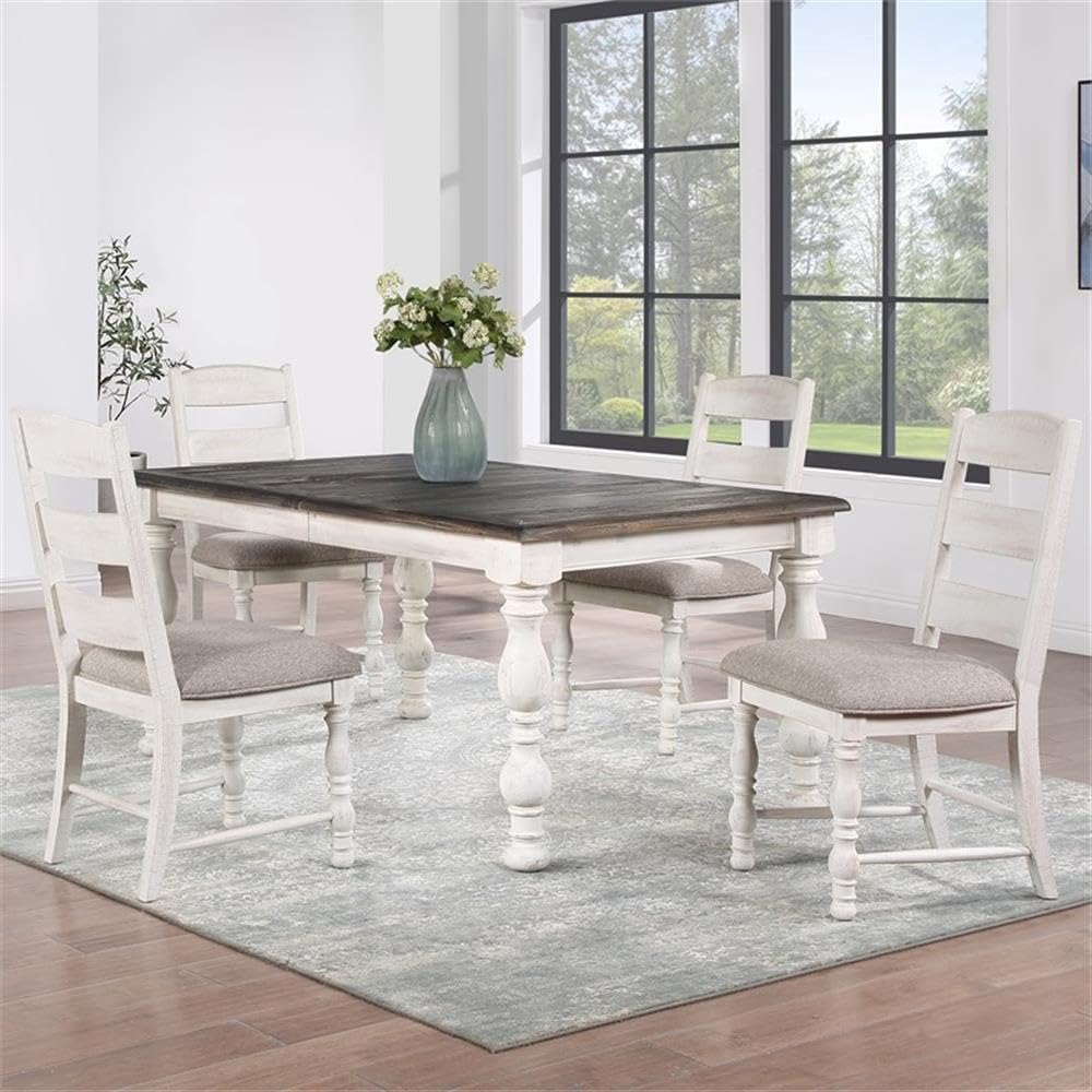 Steve Silver Furniture Heston 5pc Dining Table Set, Farmhouse Design, Included One 66 to 84-Inch Dining Table with 18-Inch Leaf and 4 Upholstered Side Chairs, 42" L x 66" W x 30" H, Brown, White