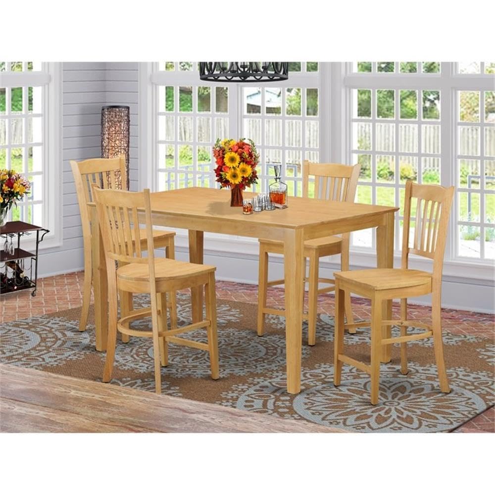 East West Furniture CAGR5H-OAK-W 5 Piece Counter Height Dining Set Includes a Rectangle Dinette Table and 4 Kitchen Dining Chairs, 36x60 Inch, Oak