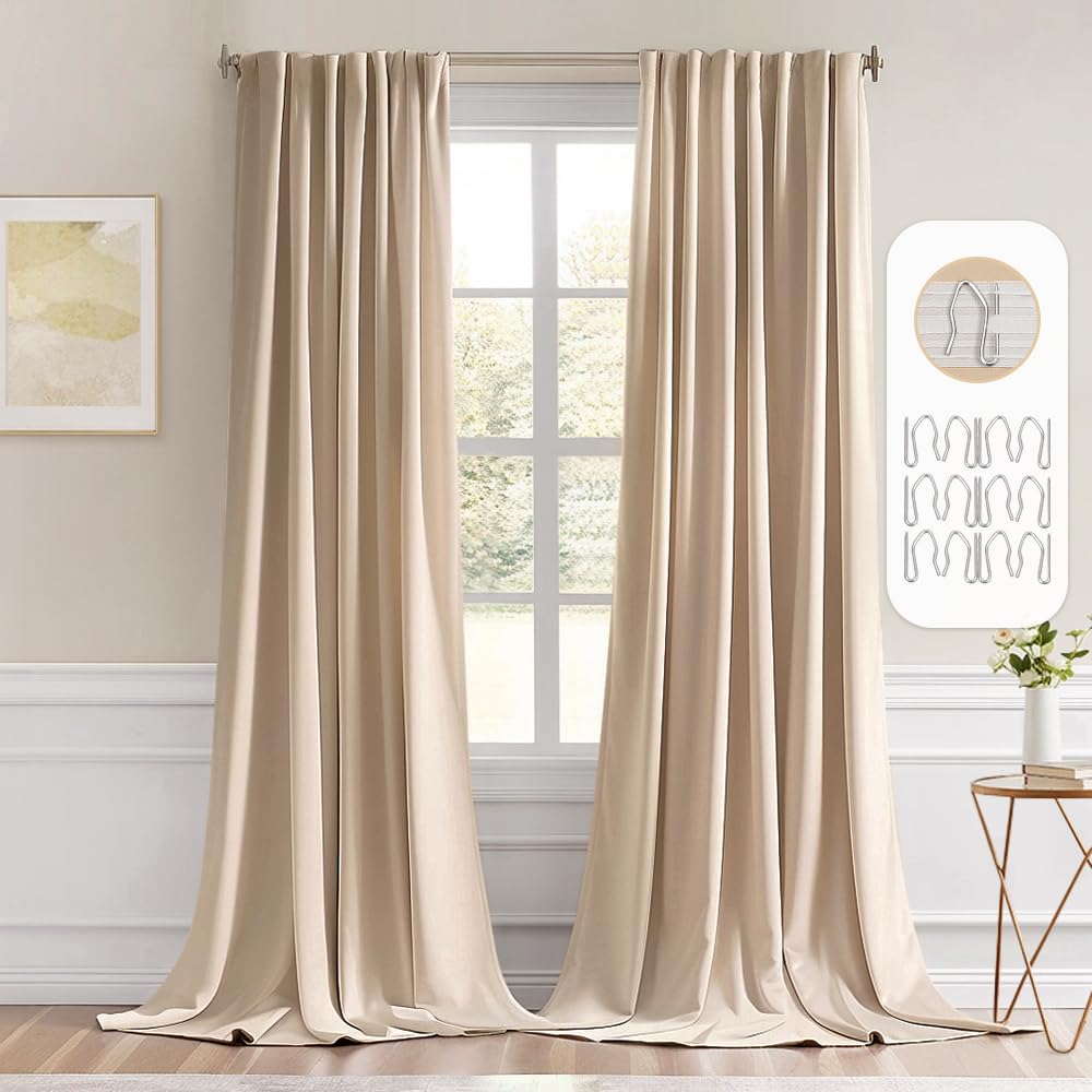 Miulee Back Tab Beige Curtains 108 Inch Long 2 Panels Set For Living Room Bedroom Privacy, Cream Rod Pocket/Pinch Pleated Light Blocking Extra Long Thermal Insulated Room Darkening Blackout Drapes