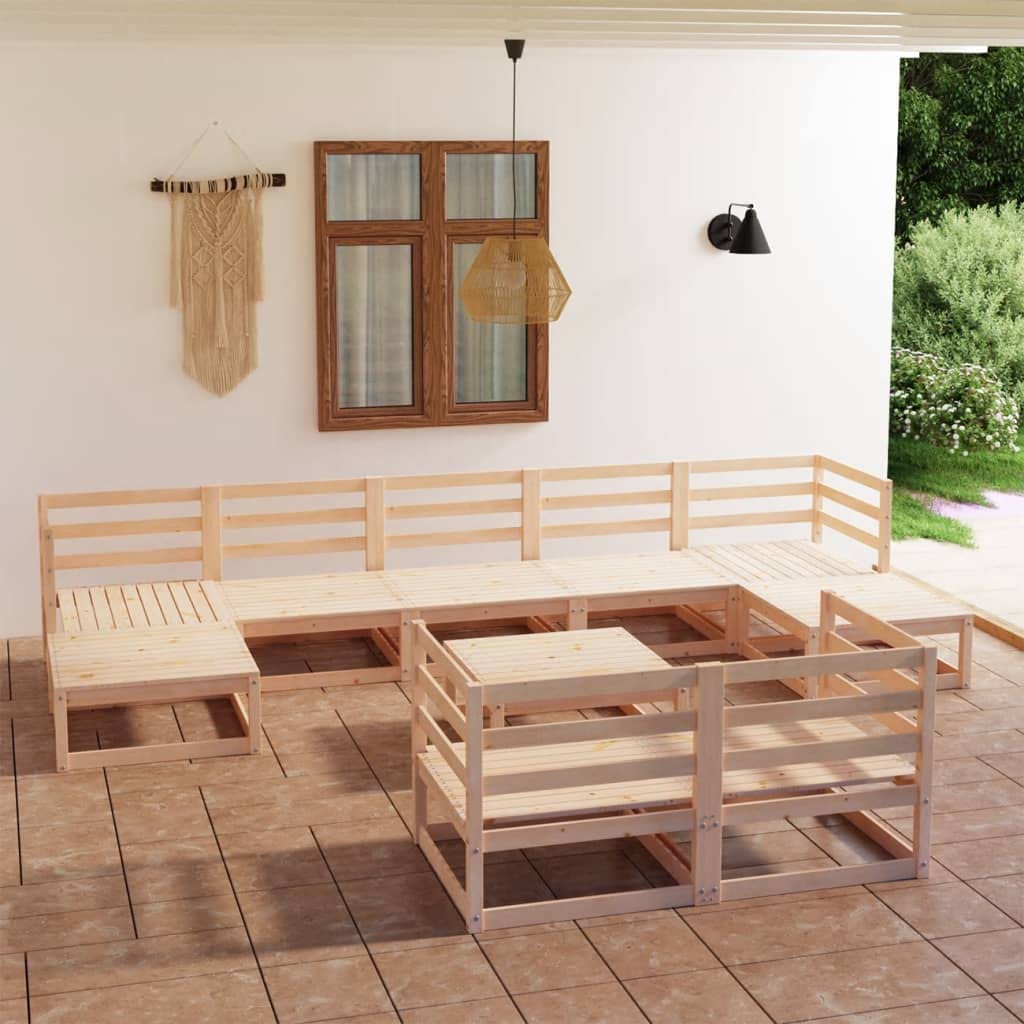 vidaXL Solid Pinewood Patio Lounge Set 10 Piece Outdoor Garden Terrace Yard Lawn Furniture Wooden Modern Lounge Sofa Set Seat Seating