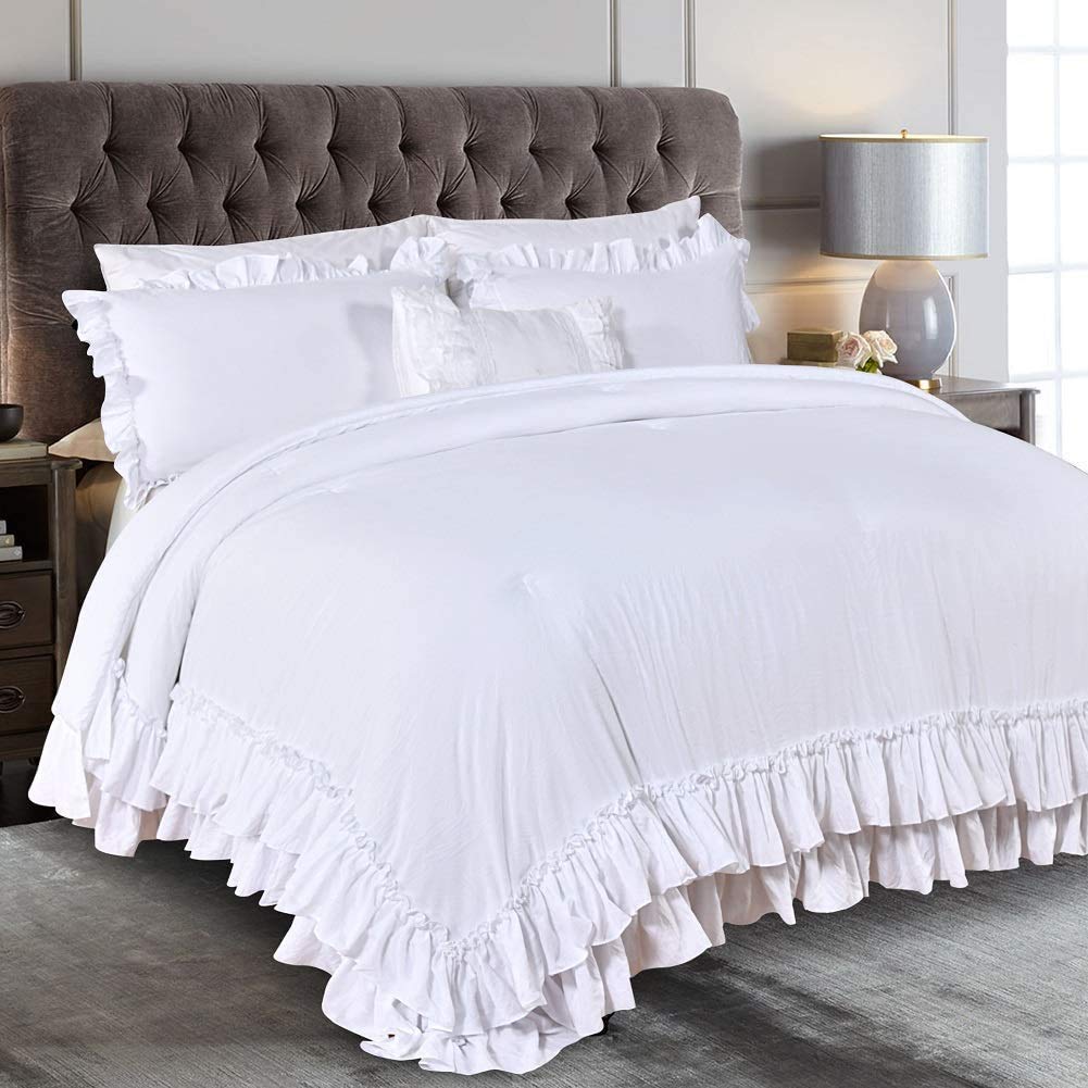 Qsh White Farmhouse Ruffled Comforter Set King Size Shabby Boho Chic White Bedding Comforter King Lightweight Fluffy Ultra Soft