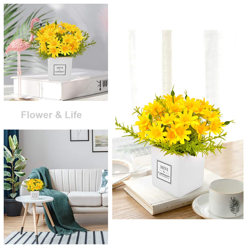 Aifusi Artificial Flowers, Daisy Flower With Vase Silky Artificial Daisies Bouquet Fake Plant Bonsai For Home Office Wedding Dec