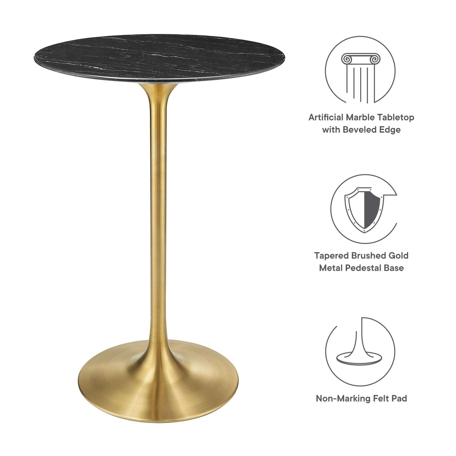 Modway Lippa Round 28&quot; Artificial Marble Mid-Century Modern Bar Table in Gold Black
