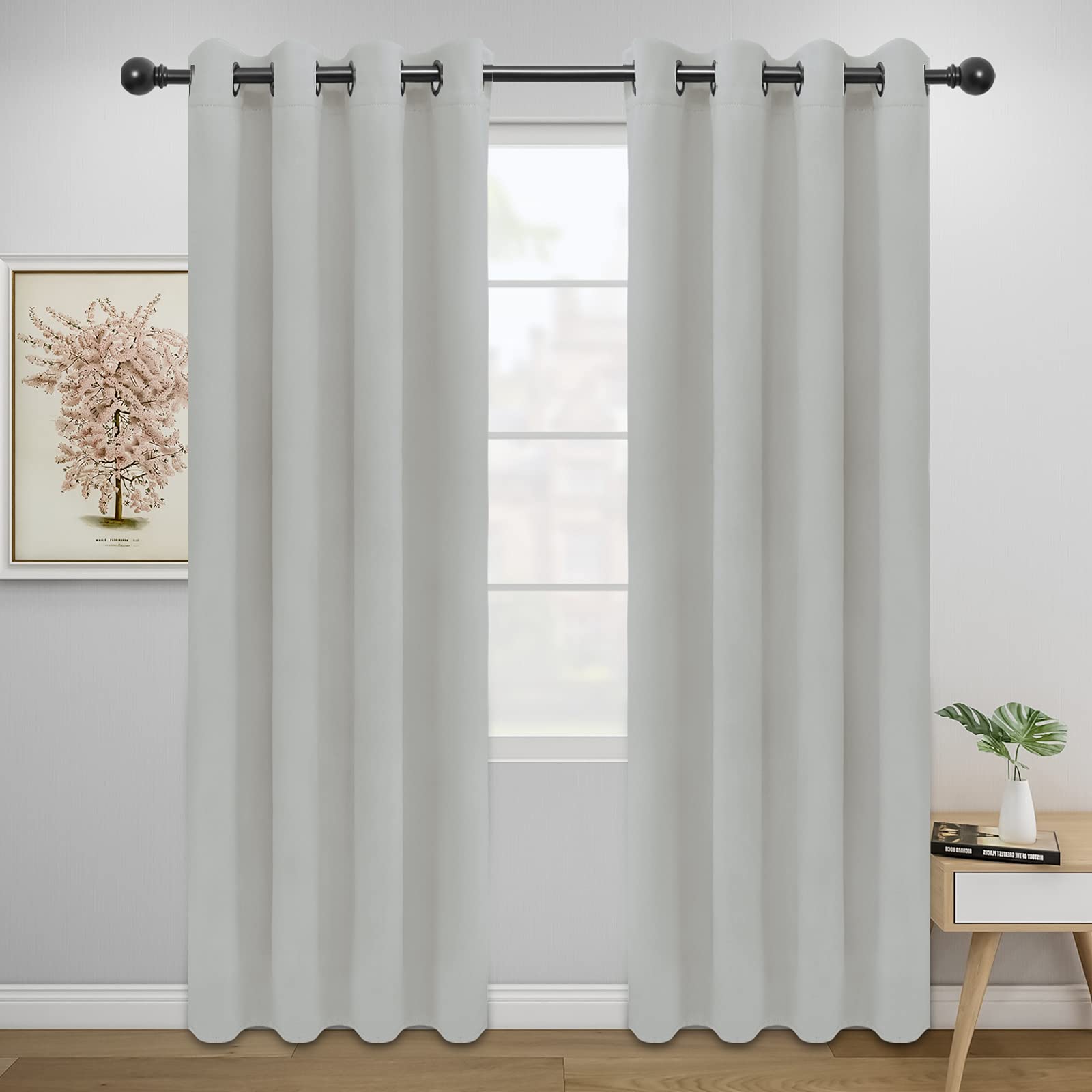 Easy-Going Blackout Curtains For Bedroom, Solid Thermal Insulated Grommet And Noise Reduction Window Drapes, Room Darkening Curtains For Living Room, 2 Panels(52X84 In, Greyish White)