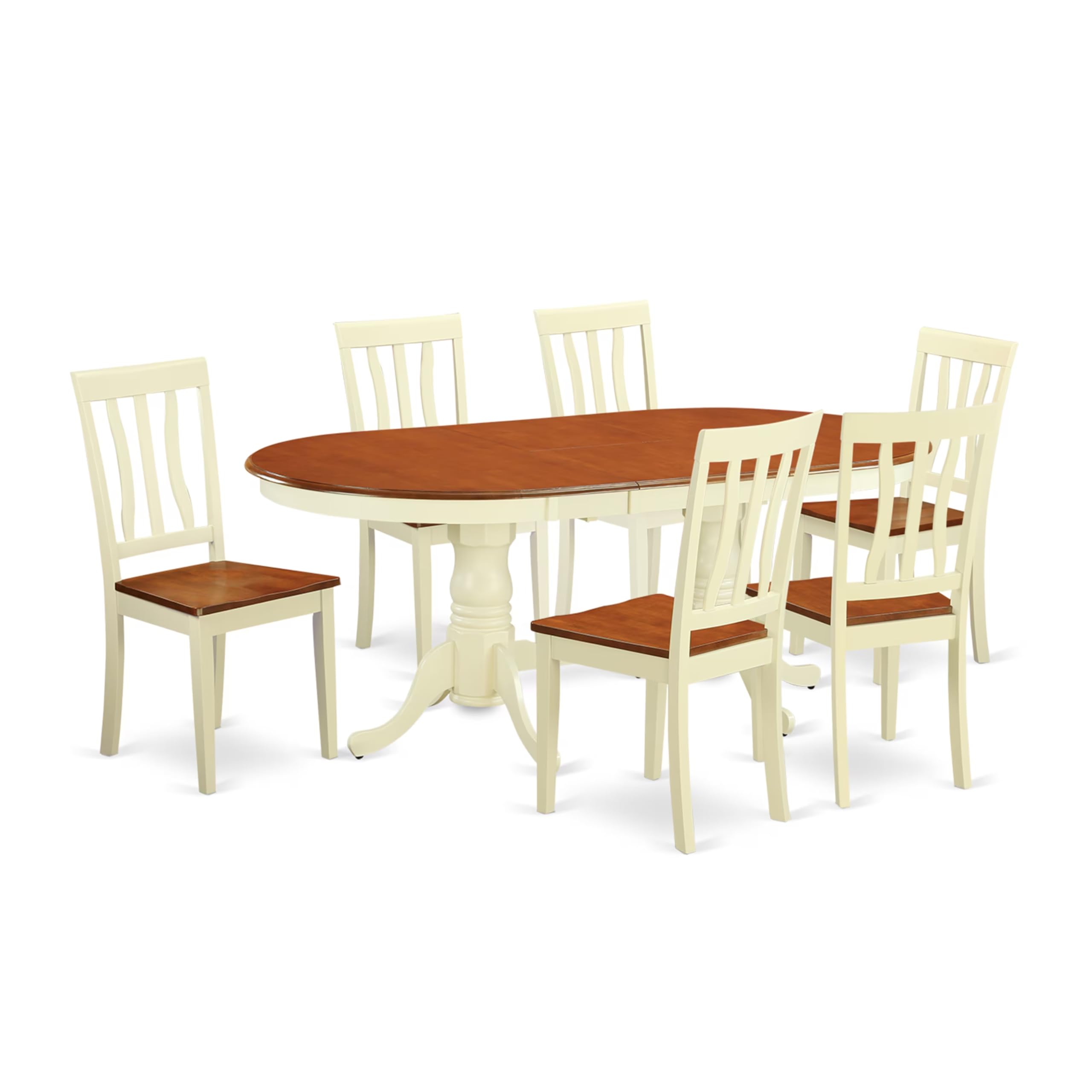 East West Furniture PLAN7-WHI-W 7 Piece Modern Dining Table Set Consist of an Oval Wooden Table with Butterfly Leaf and 6 Kitchen Dining Chairs, 42x78 Inch, Buttermilk & Cherry