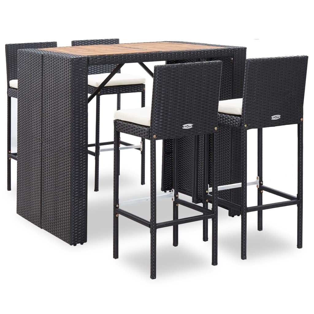 vidaXL 5-Piece Patio Bar Set- Poly Rattan and Acacia Wood Construction, Black - Complete Outdoor Entertainment with Vintage-Styled Table, Elegant Chairs, Cushioned Seats