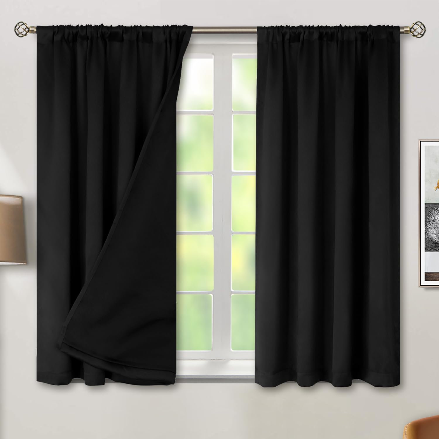 Bgment Black Blackout Curtains For Bedroom 2 Panels, Rod Pocket Bedroom Curtains Double Layer 100% Room Darkening Thermal Insula