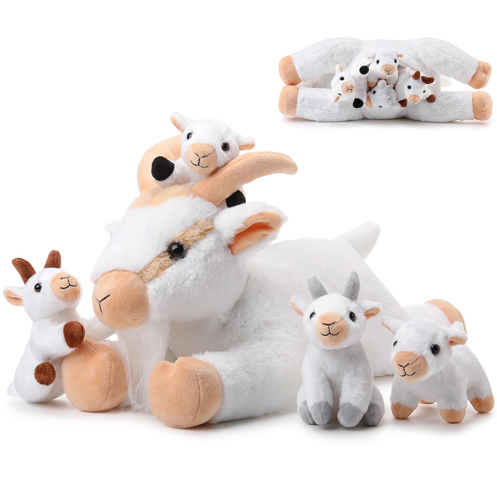 HyDren 5 Pcs Stuffed Goat Plush Toy Set 18 Inch Mommy Goat Stuffed Animal with 4 Babies Plushies in Her Tummy Soft Farm Plush Pi