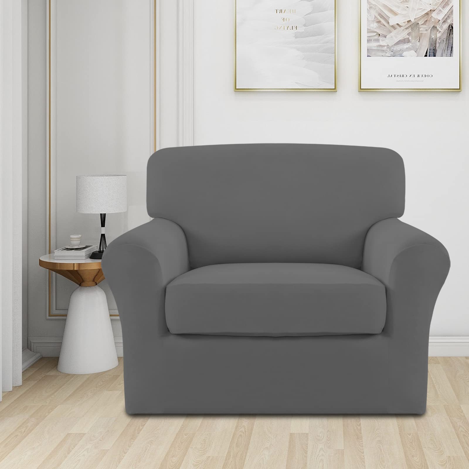 Easy-Going 2 Pieces Microfiber Stretch Chair Slipcover - Spandex Soft Fitted Sofa Couch Cover Washable Furniture Protector With Elastic Bottom Kids Pet Grey