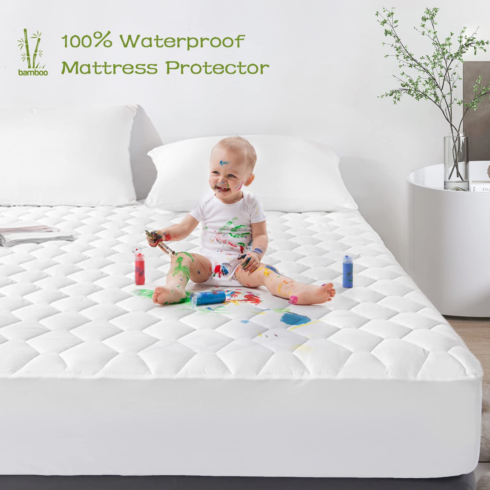 Grt Queen Mattress Protector Waterproof, Rayon From Bamboo, Cooling Quilted Fitted Mattress Pad, Noiseless Waterproof Mattress C