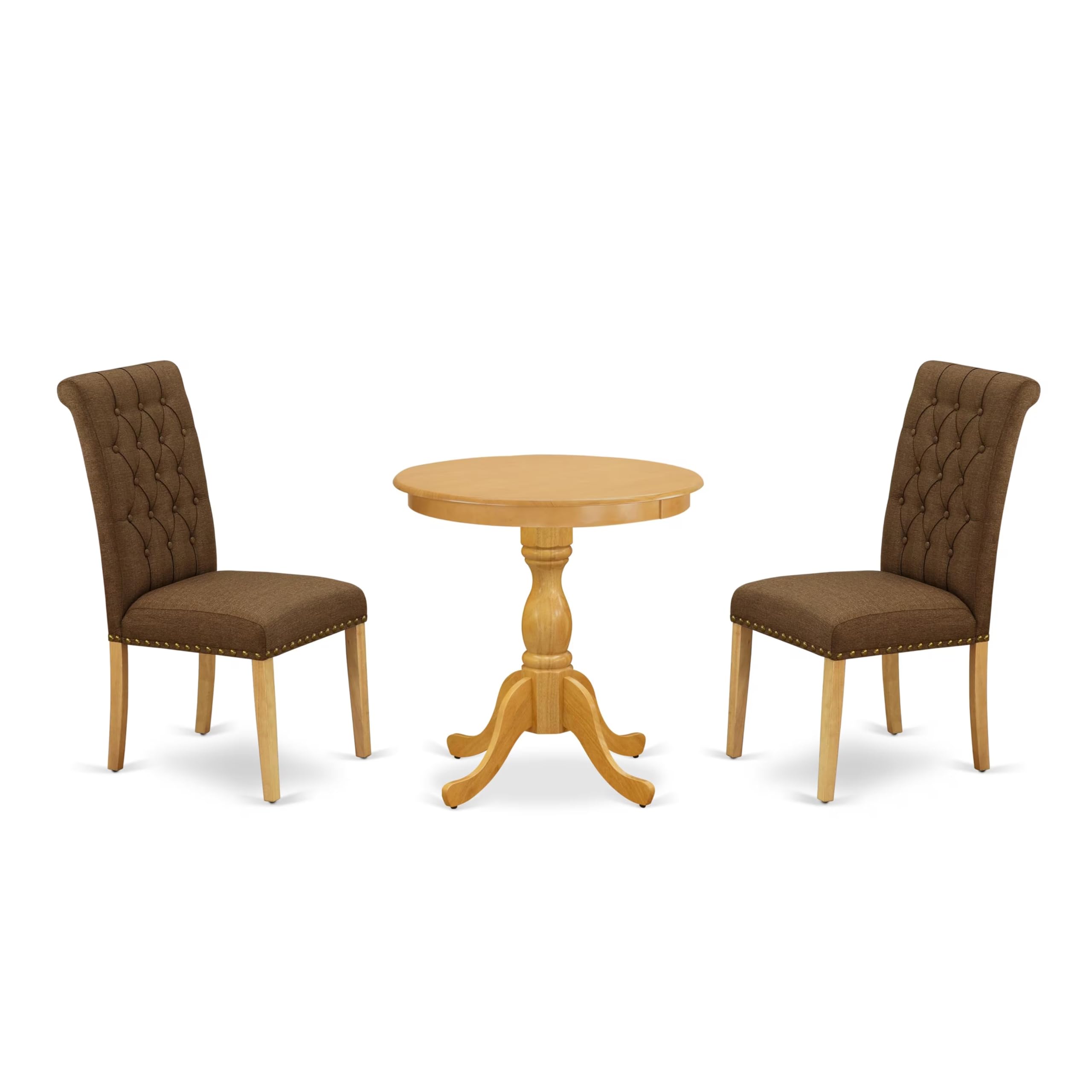 East West Furniture Esbr3-Oak-18 3 Piece Kitchen Table & Chairs Set Contains A Round Dining Room Table With Pedestal And 2 Brown Linen Linen Fabric Parsons Chairs, 30X30 Inch, Oak