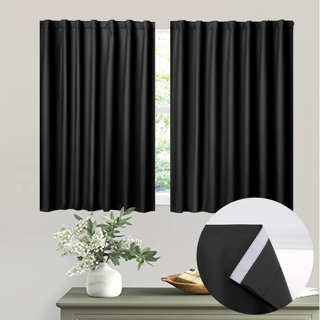 Muamar Black 2Pcs Self Adhesive Curtains (29''W X 30''L), Window Tier Curtains For Small Window, Bathroom, Rv, Door, Kitchen, Bl