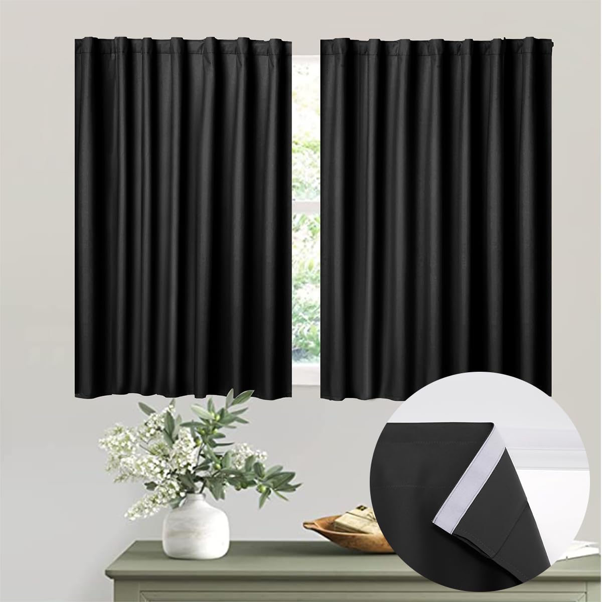 Muamar Black 2Pcs Self Adhesive Curtains (29''W X 30''L), Window Tier Curtains For Small Window, Bathroom, Rv, Door, Kitchen, Bl