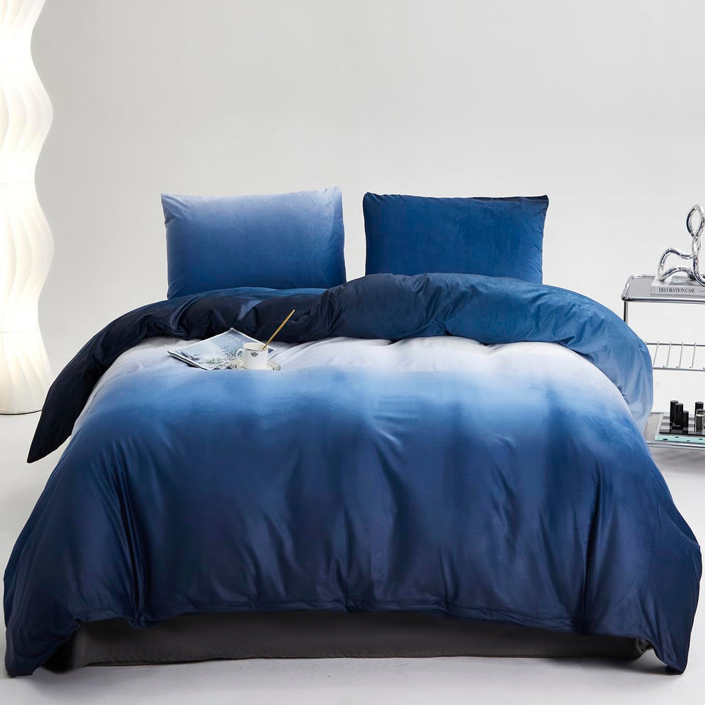 KAREVER Blue White Gradient Comforter Set Cal King Blue Velvet Bedding Comforter Modern Plain White and Royal Blue Gradient Soft