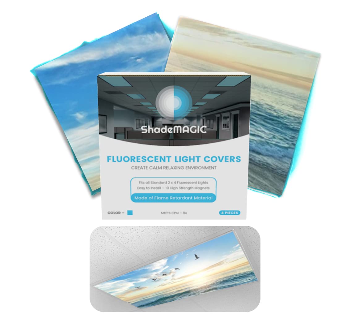 Shademagic Fluorescent Light Covers For Classroom Office -Beach- Light Filter Pack Of; Eliminate Harsh Glare That Causing Eyestr