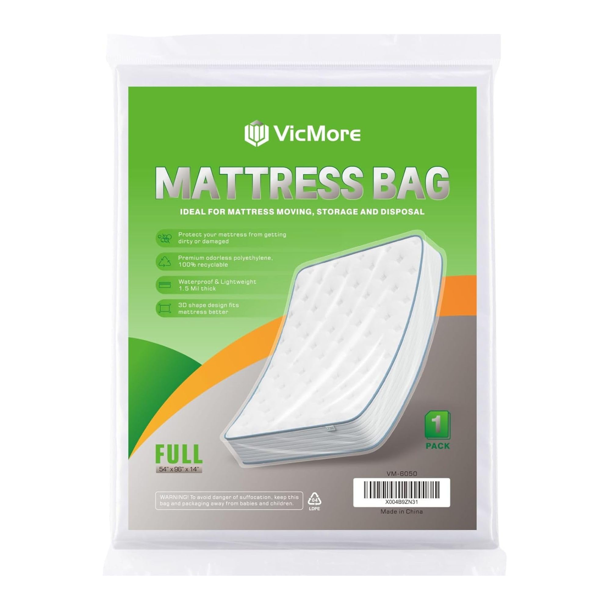 Vicmore Full Mattress Bag For Moving, Storage & Disposal - Clear Heavy-Duty 1.5 Mil Plastic Cover, Tear-Resistant & Dustproof, R