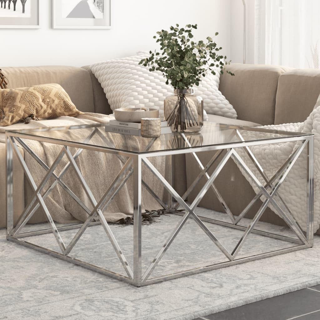 vidaXL Silver Stainless Steel and Tempered Glass Square Coffee Table Desk for Office/Living Room