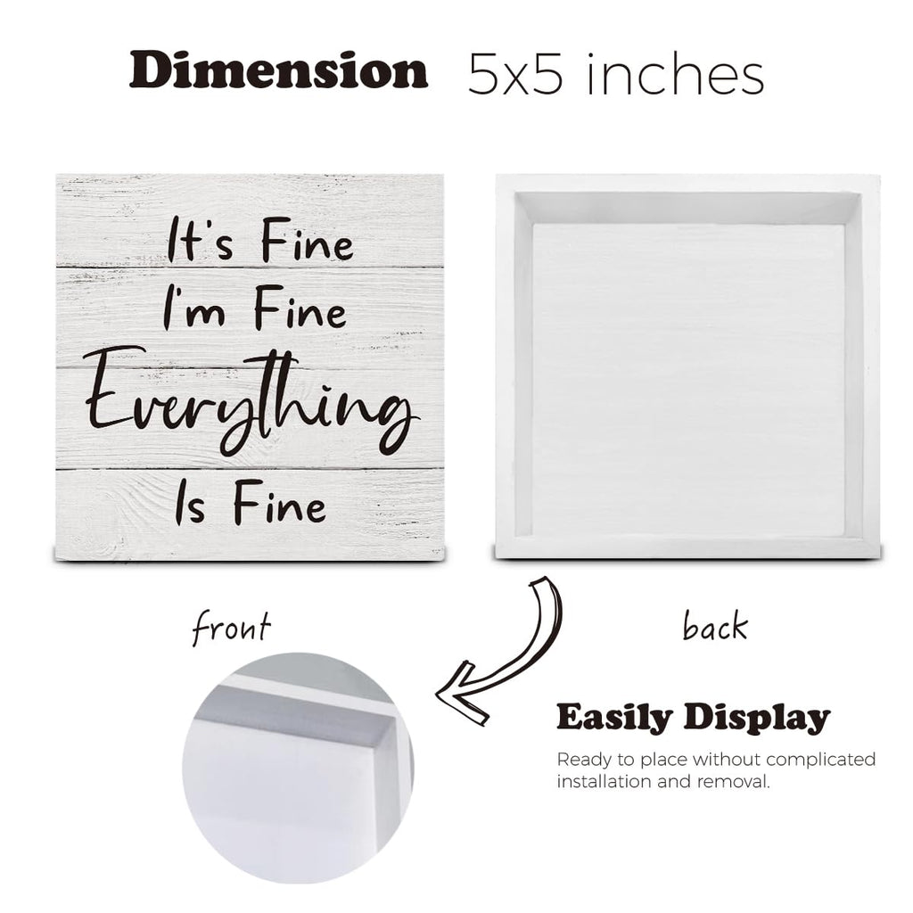 It'S Fine I'M Fine Everything Wooden Box Sign Desk Decor, Farmhouse Wood Box Sign For Home Shelf Table Decoration 5 X 5 Inch