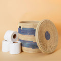 Small Wicker Basket with Lid for Bathroom, Blue Storage Basket for Towels and Toilet Paper, 12 Wide