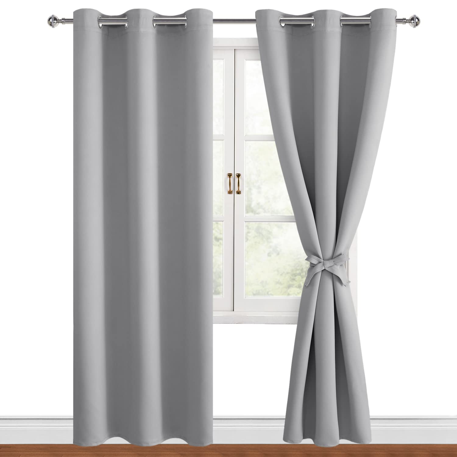 Hiasan Blackout Curtains For Bedroom, 38 X 84 Inches Long - Thermal Insulated & Light Blocking Window Curtains For Living Room, 2 Drape Panels Sewn With Tiebacks, Silver Grey