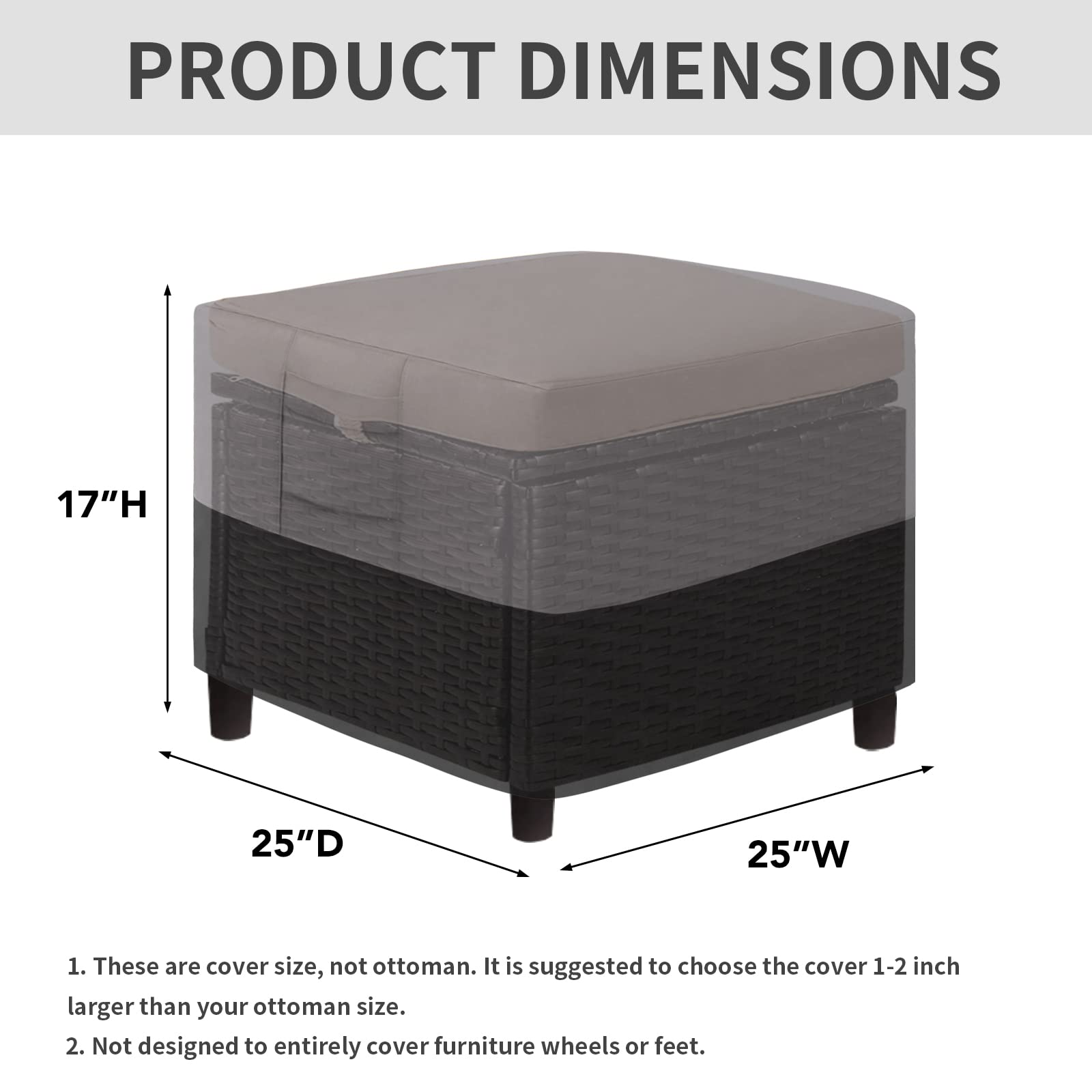 Easy-Going Outdoor Ottoman Cover, Waterproof Patio Ottoman Cover, Heavy Duty Outdoor Furniture Cover With Padded Handles (1 Pack-25'X25'X17', Gray/Black)