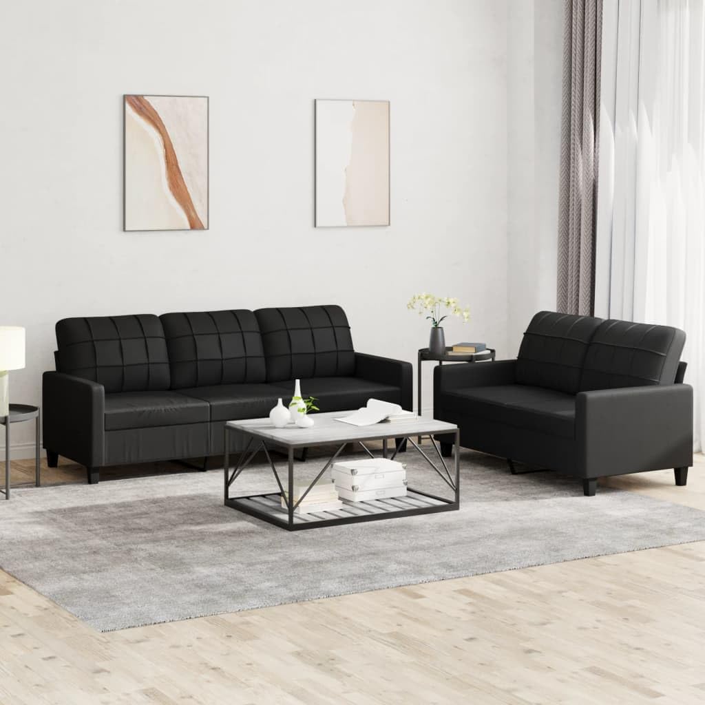 vidaXL 2 Piece Black Faux Leather Sofa Set, Plywood & Metal Frame, Comfortable Seating with Dense Foam Padding, Suitable for Home Office & Lounge Area
