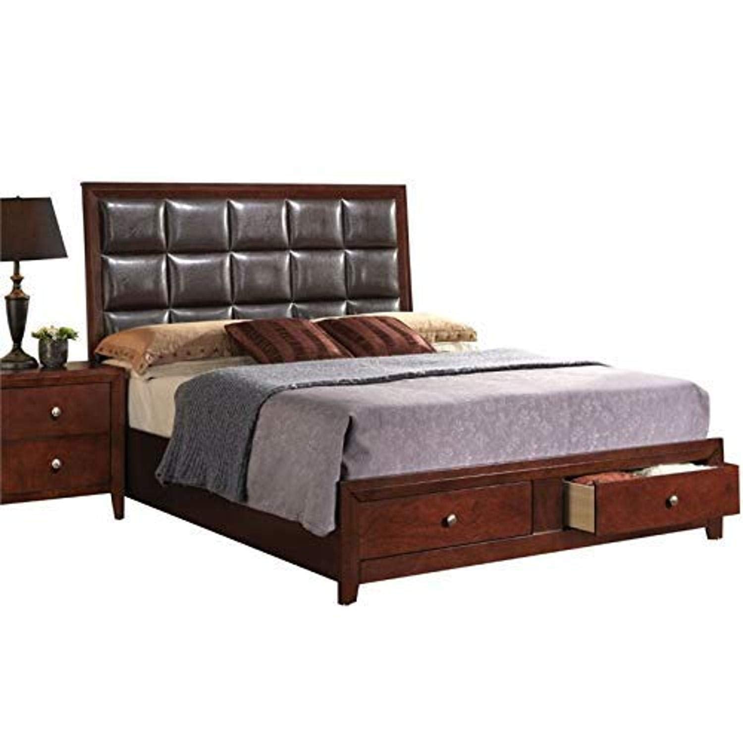 Acme Ilana Queen Bed with Storage in Brown PU and Brown Cherry