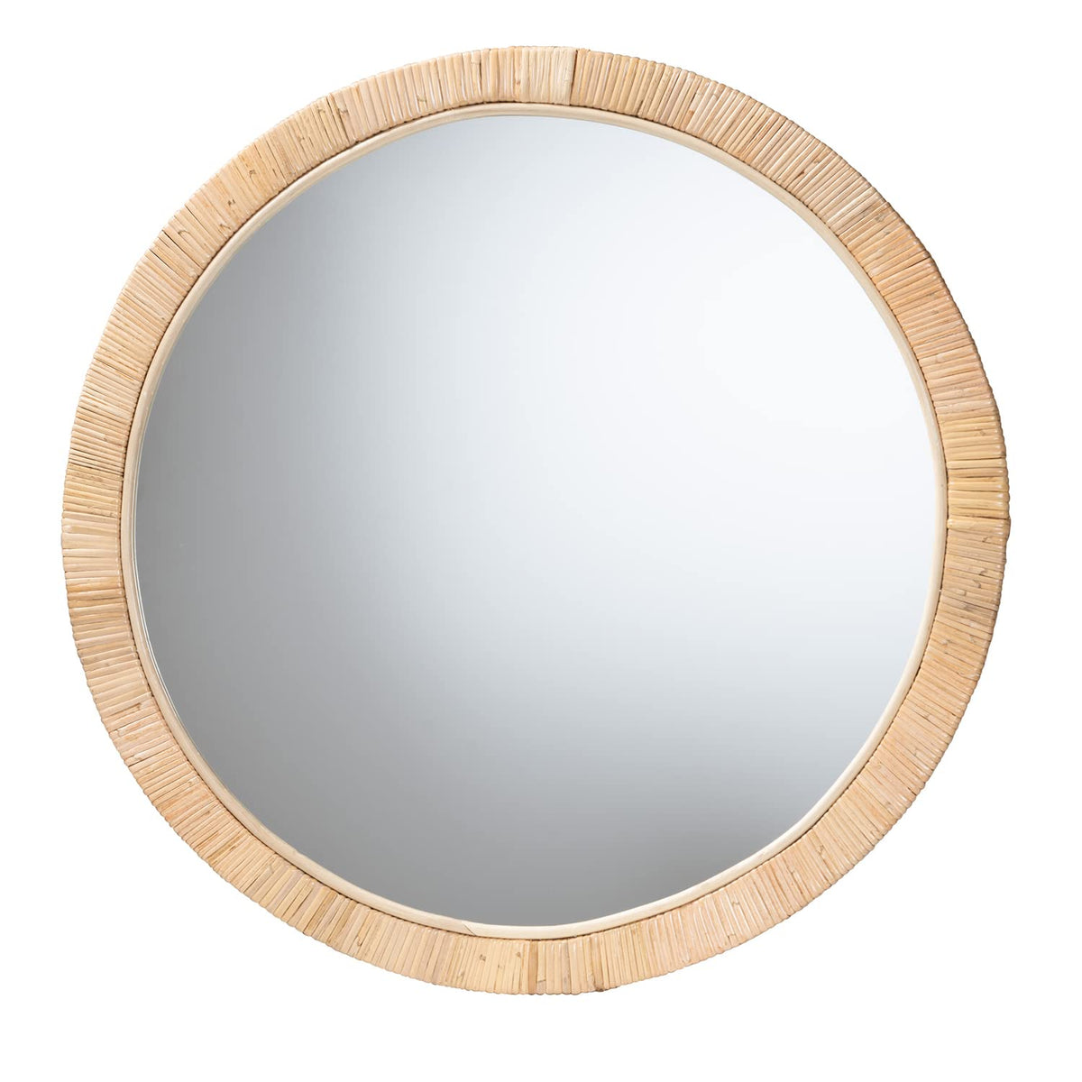 Baxton Studio Bella Modern Bohemian Natural Brown Mahognay Wood And Natural Rattan Round Mirror