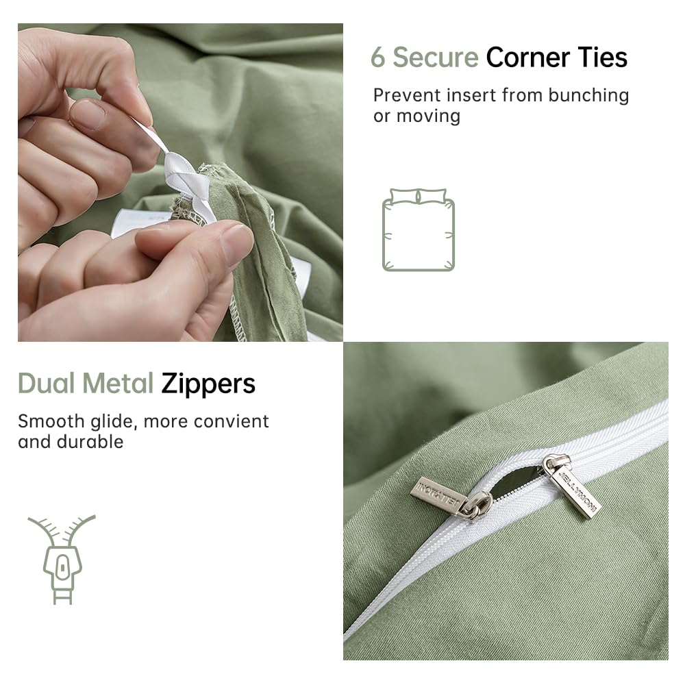 Jellymoni Light Green Duvet Cover Full Size - 100% Washed Cotton Linen Like Textured Comforter Cover, 3 Pieces Breathable Soft B