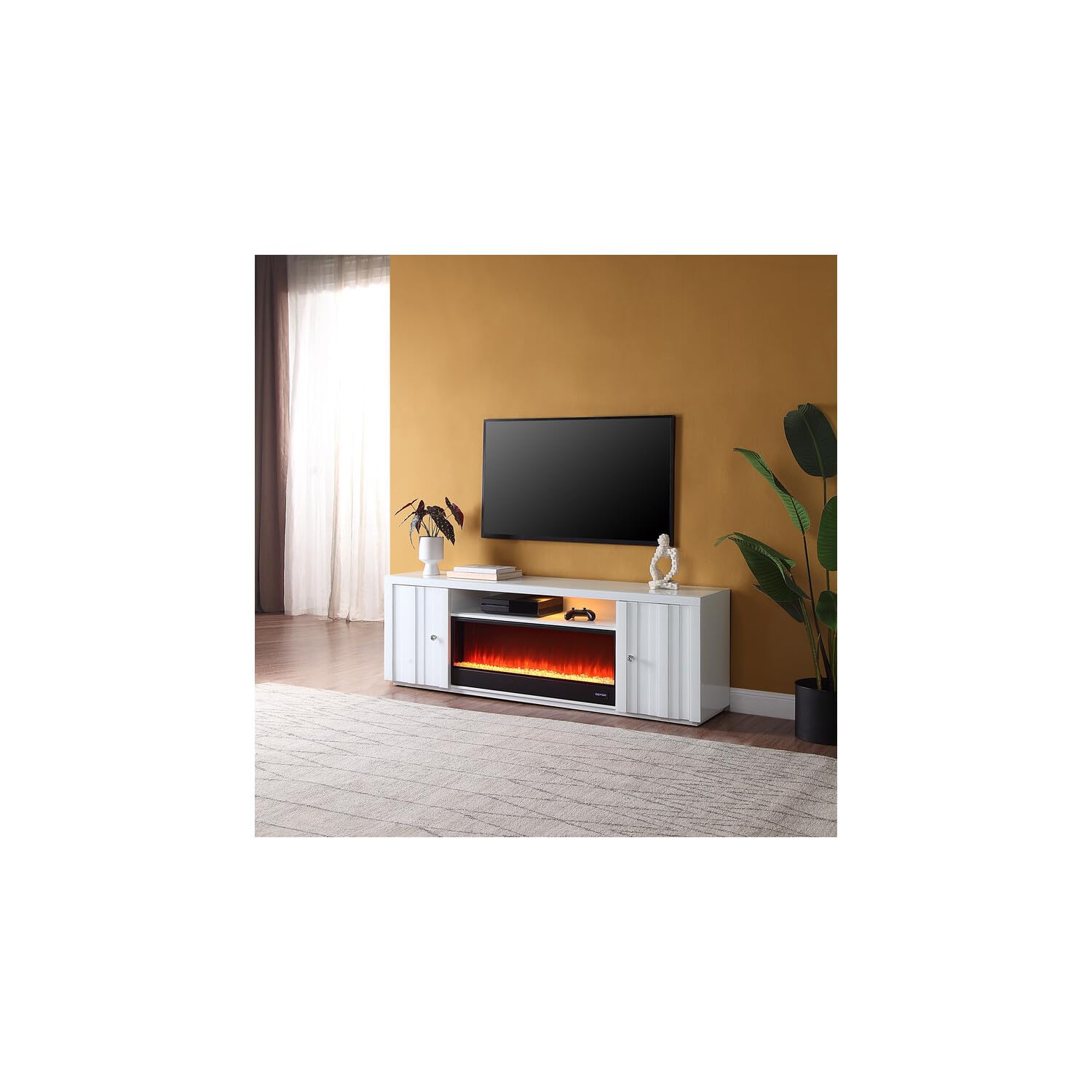 LILOLA LIVING Reid White Finish TV Stand with Fireplace and Speaker