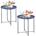 Garden 4 You End Table Set Of 2, Outdoor Side Table, Small Patio Table Metal Side Table, Round Folding Side Table, For Outdoor And Living Room,Dark Blue