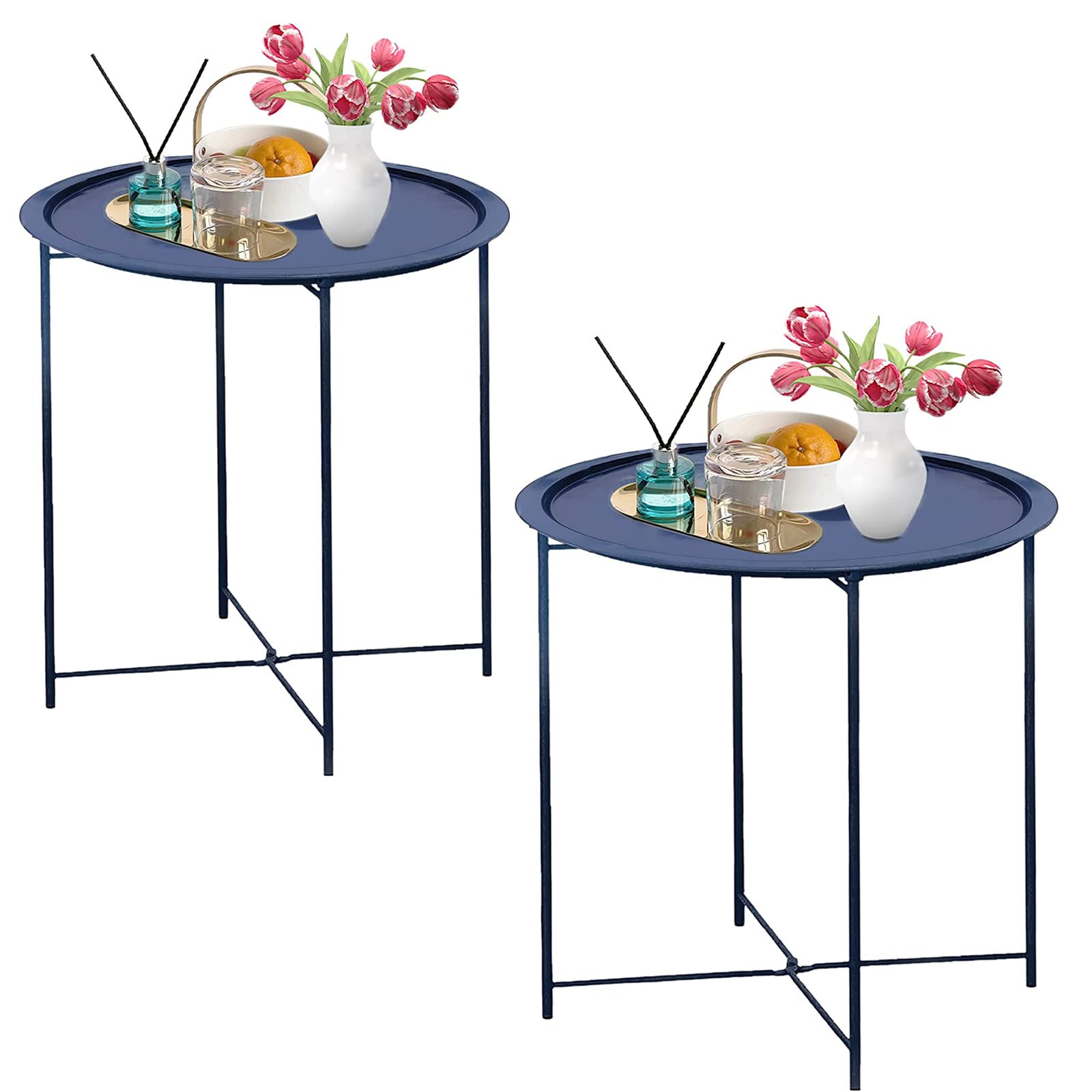 Garden 4 You End Table Set Of 2, Outdoor Side Table, Small Patio Table Metal Side Table, Round Folding Side Table, For Outdoor And Living Room,Dark Blue