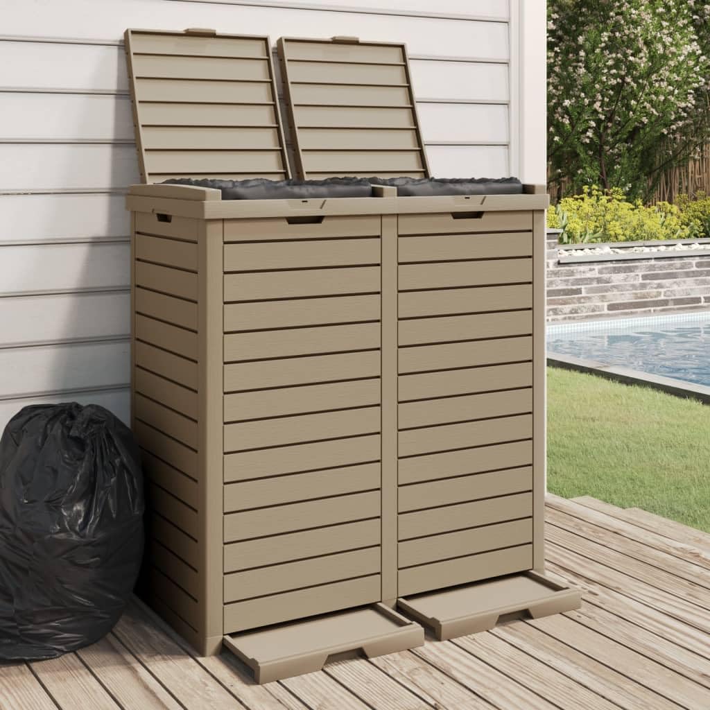 Vidaxl Large Capacity Outdoor Garbage Bin With Double Lid Enclosure And Removable Fluid Trays, Imitation Wood Texture Design, Light Brown, Constructed With Durable Polypropylene