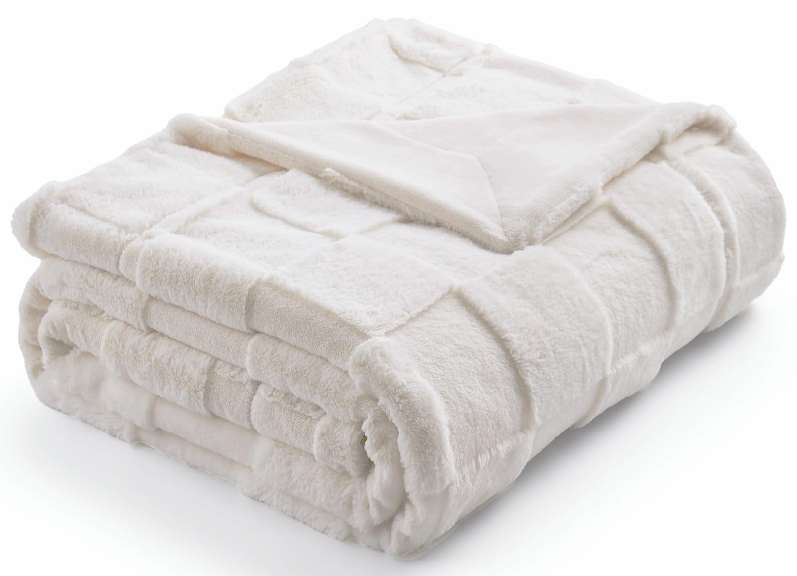 Cozy Bliss Checkered White Large Faux Rabbit Fur California King Size Bed Blanket, Lightweight Fleece Soft Fuzzy Fluffy Minky Cr