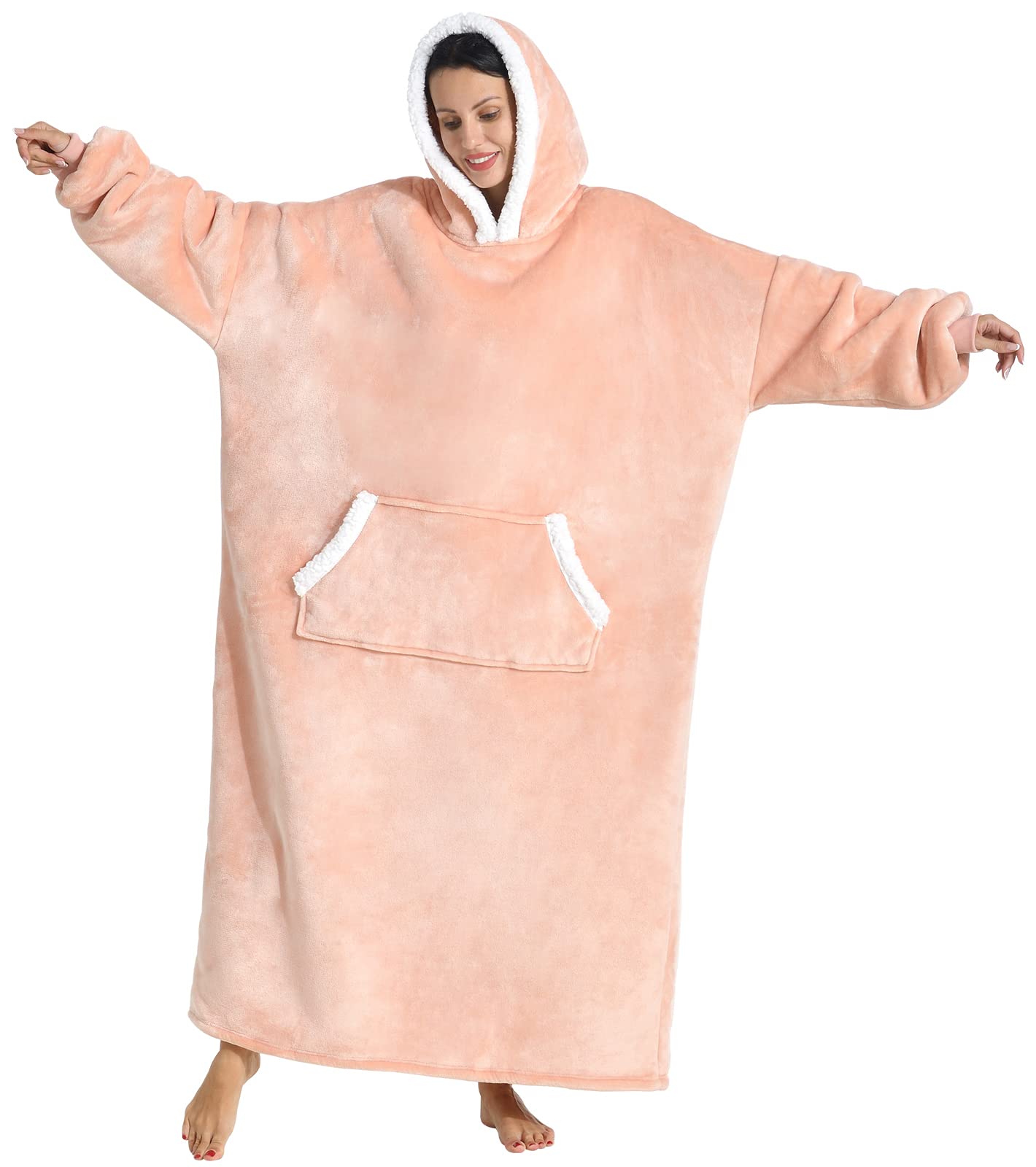 Wearable Blanket Hoodie For Women/Kids/Men, Oversized & Cozy Sherpa Lined Hoodie Sweatshirt Blanket(Pink,Long)