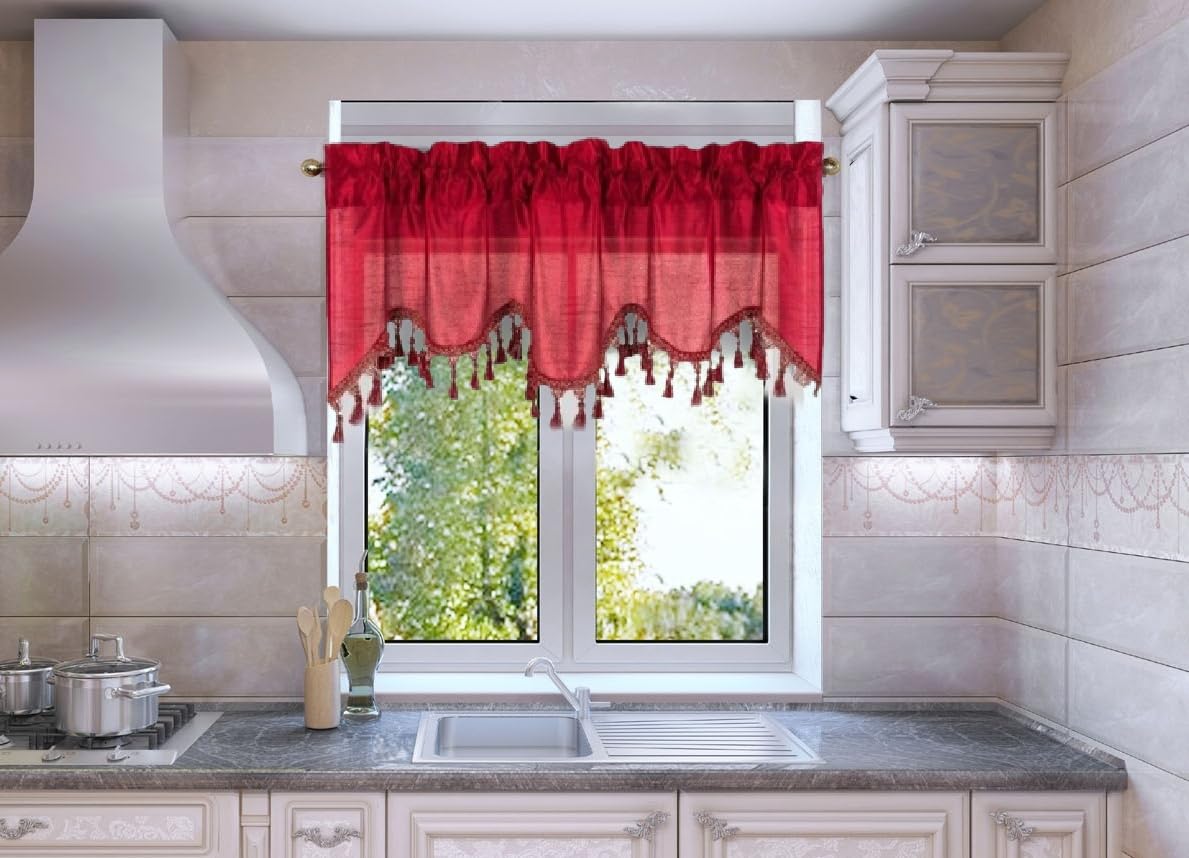 Solid Faux Silk Swag Waterfall Cascade Ascot Window Curtain Valance W/Tassels Trim 55' X18' Wave (1, Burgundy)