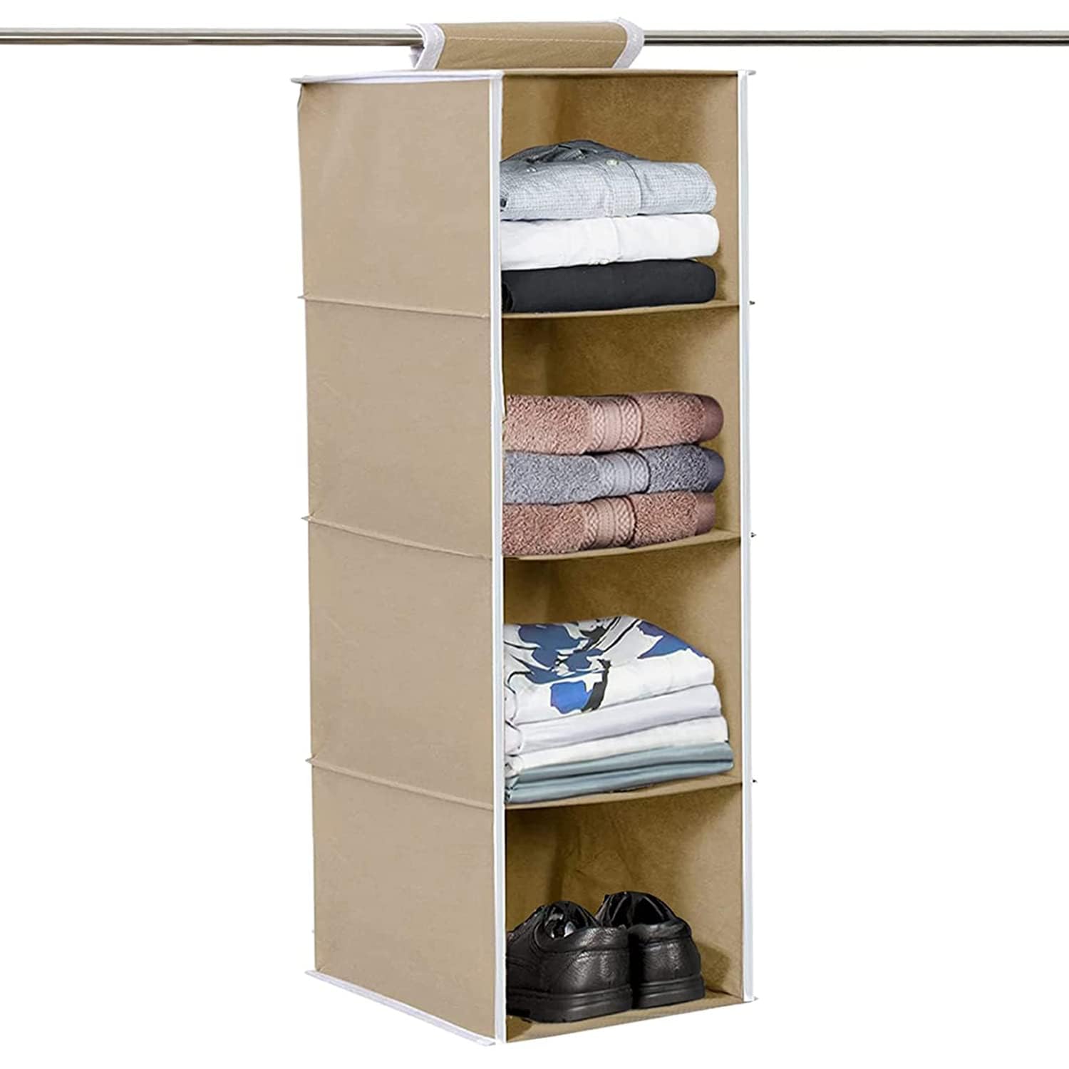 Kuber Industries 4 Shelf Closet Organizer For Wardrobe|NonWoven Collapsible Wardrobe|Hanging Shelf For Clothes|4 Shelves Cloth 