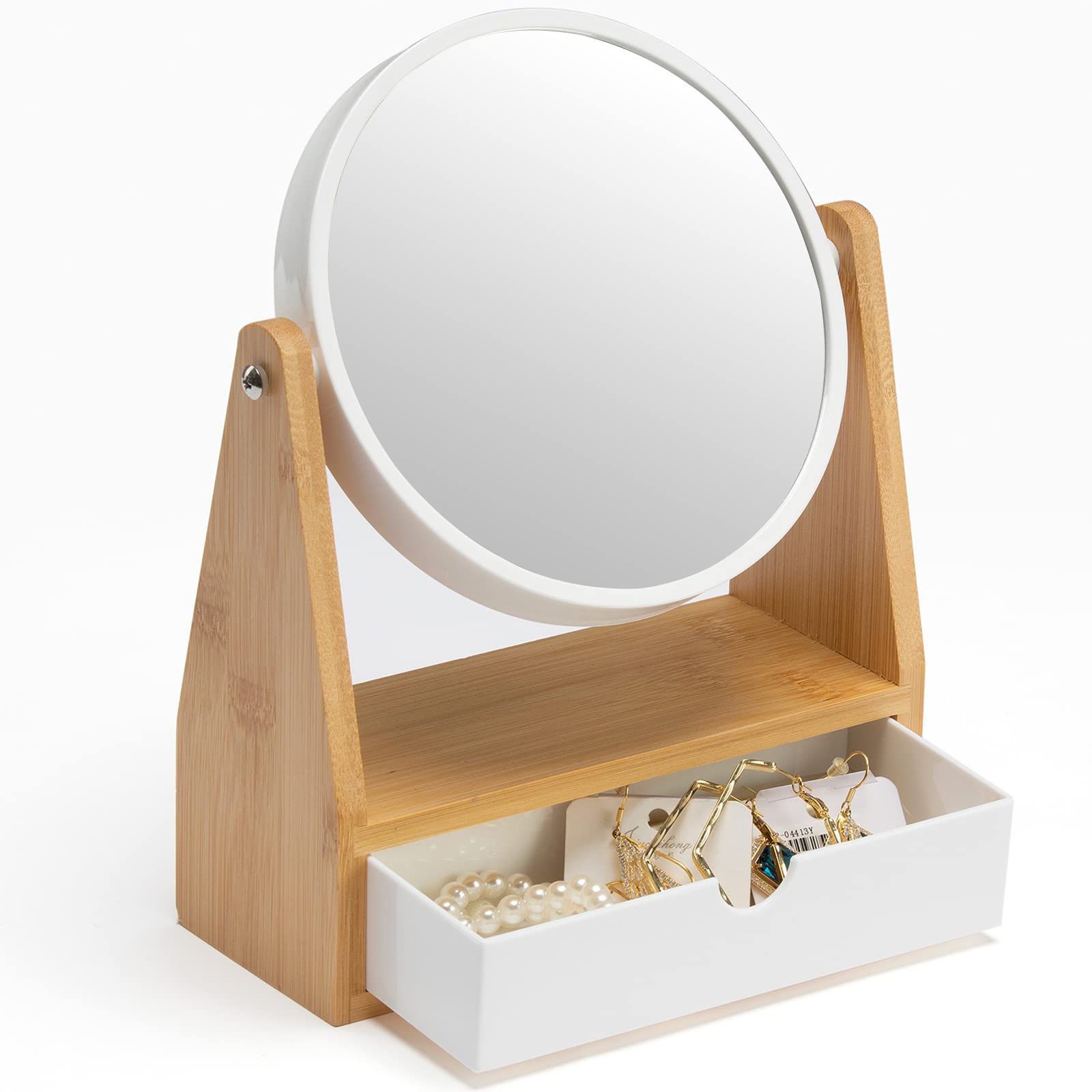 YEAKE Vanity Makeup Mirror with Natural Bamboo Stand, 1X/3X Double Sided Magnifying Mirror with Drawer,Portable Small Table Desk