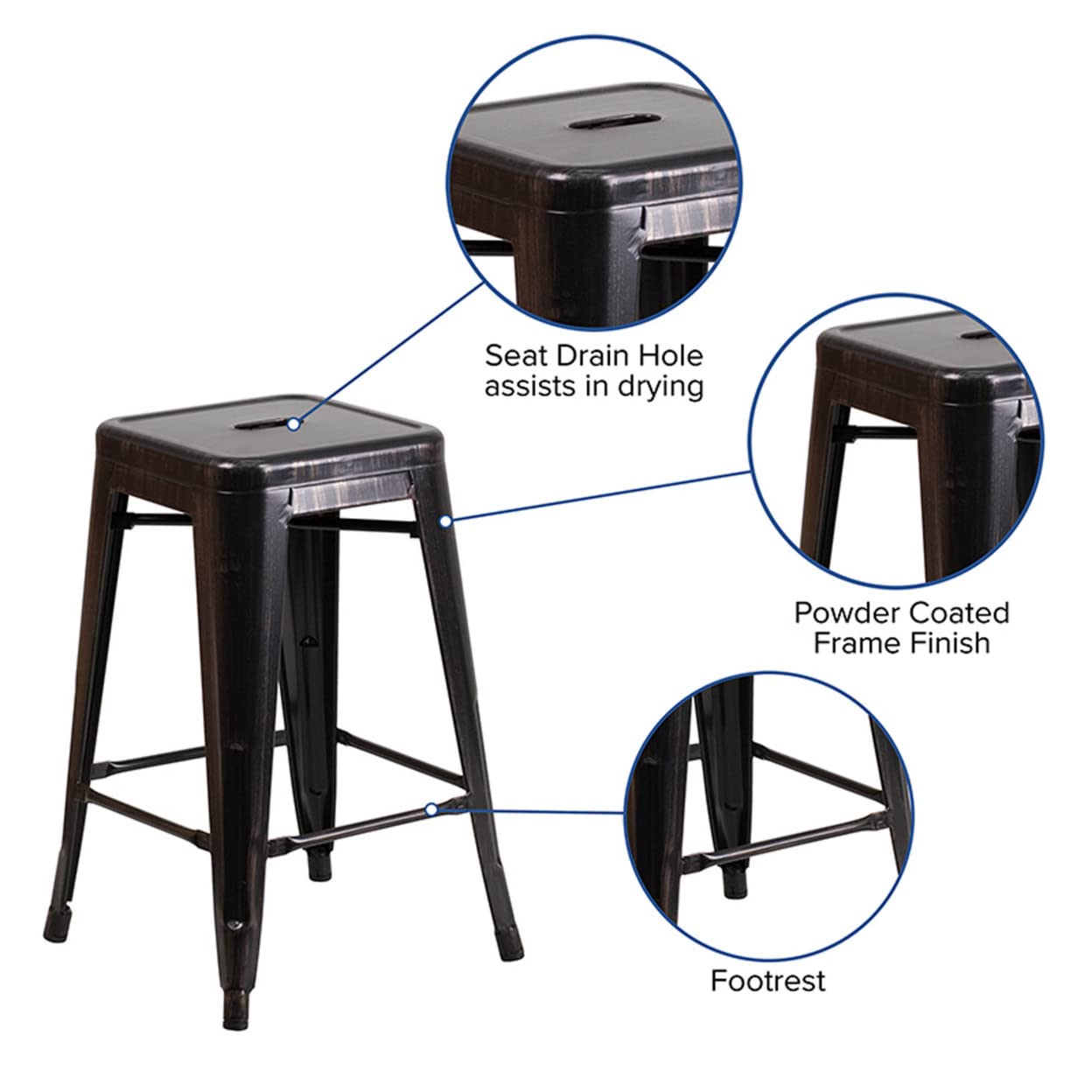 Flash Furniture Kai Commercial Grade 24' High Backless Black-Antique Gold Metal Indoor-Outdoor Counter Height Stool With Square Seat
