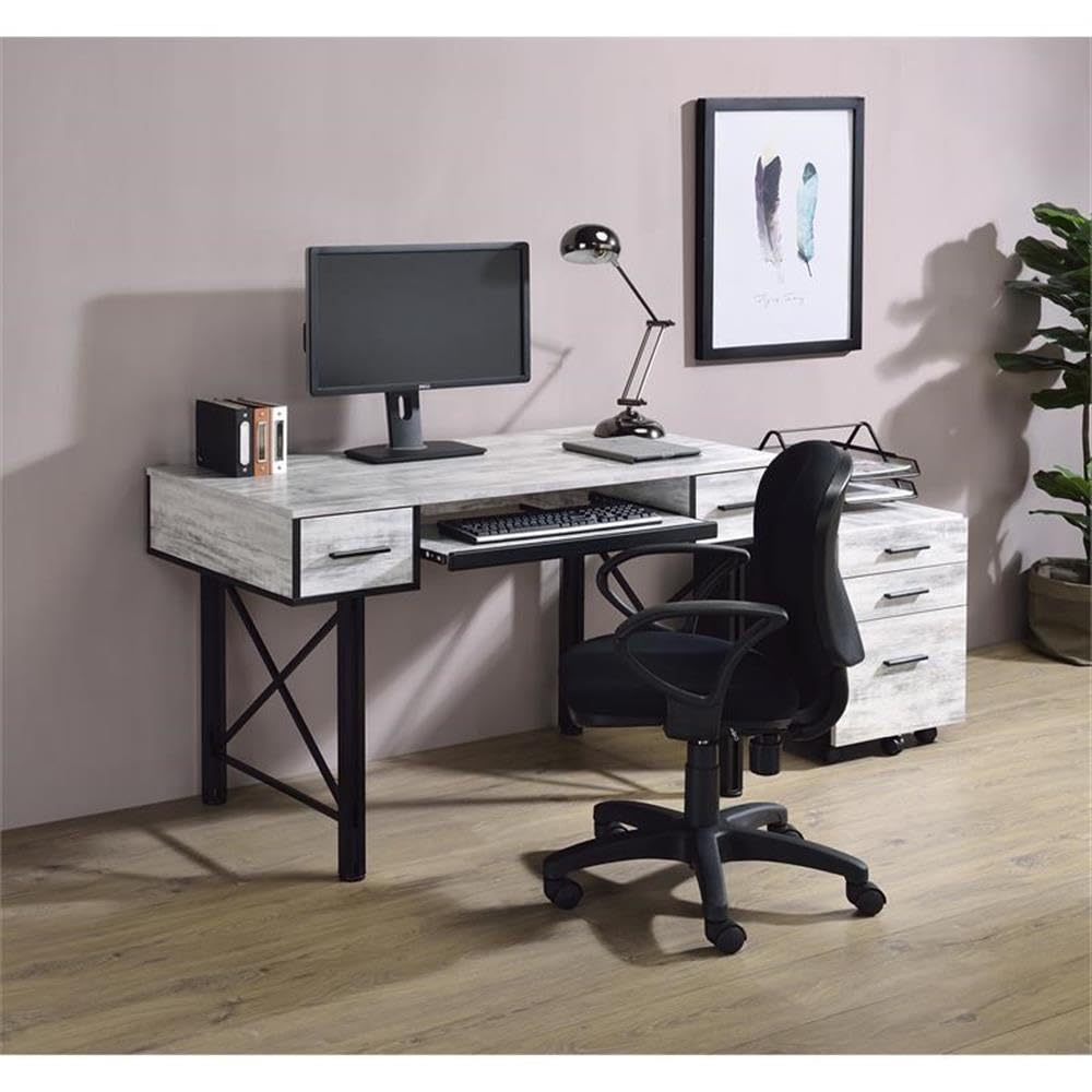 Acme Settea Wooden Top Computer Desk in Antique White and Black