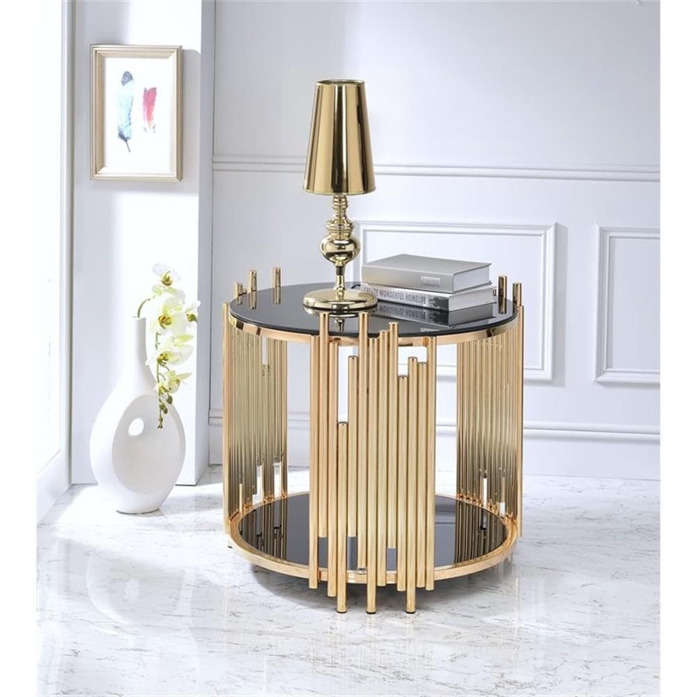 Acme Tanquin Round Glass Top End Table in Black Glass and Gold