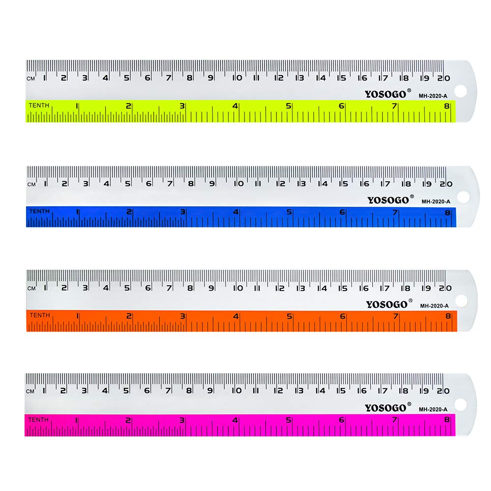8 Inch / 20 Cm Assorted Color Aluminum Ruler In Inch And Cm Scale With Hanging Hole | Pack Of 6