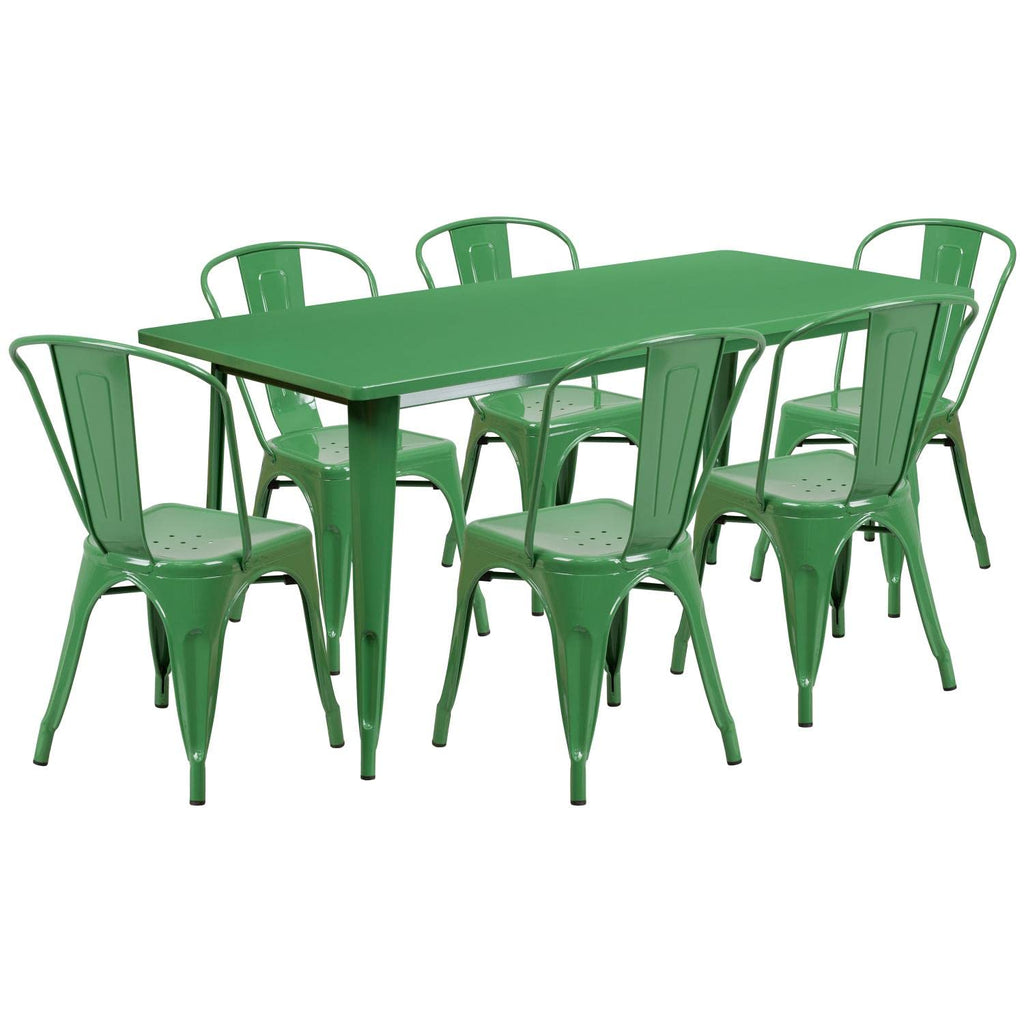Flash Furniture Commercial Grade 31.5" x 63" Rectangular Green Metal Indoor-Outdoor Table Set with 6 Stack Chairs