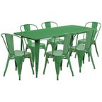 Flash Furniture Commercial Grade 31.5" x 63" Rectangular Green Metal Indoor-Outdoor Table Set with 6 Stack Chairs