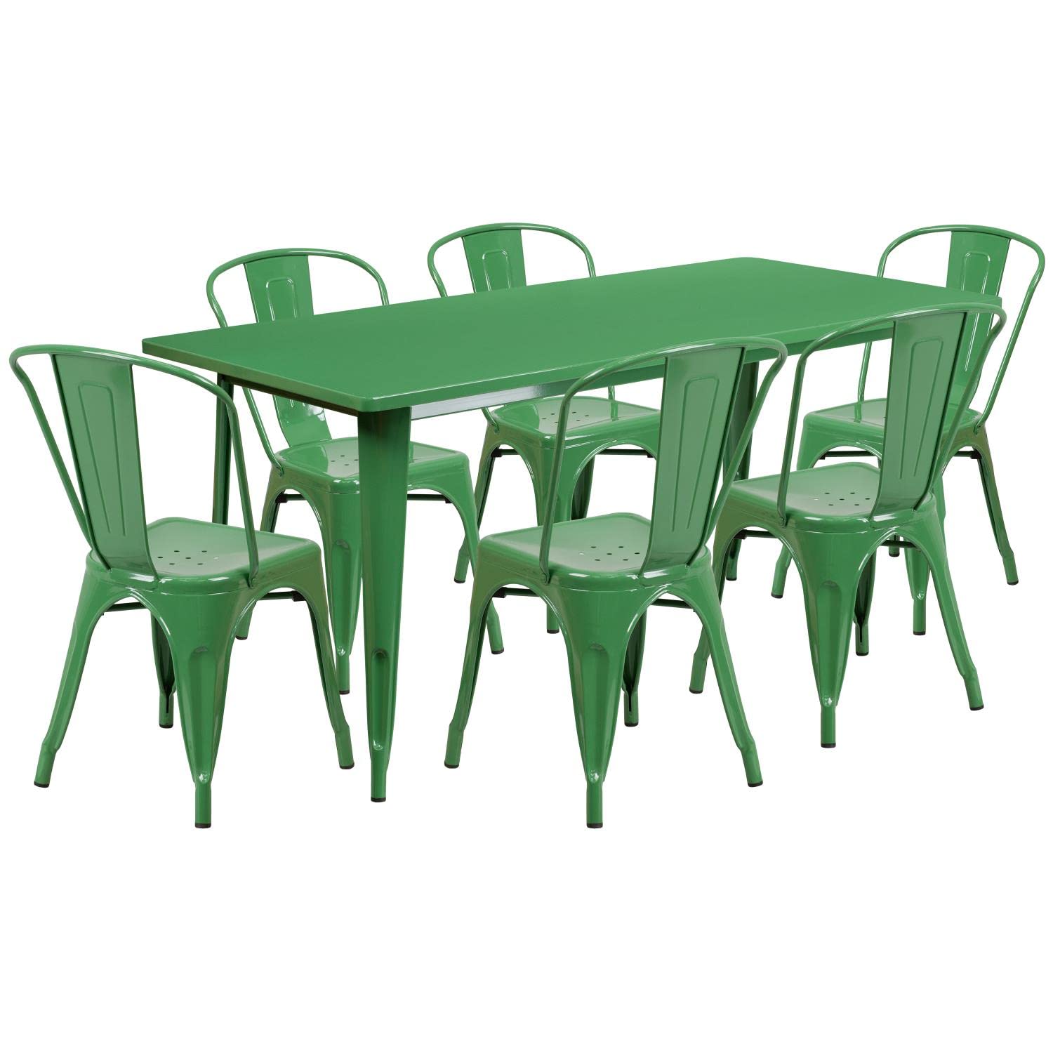Flash Furniture Commercial Grade 31.5" x 63" Rectangular Green Metal Indoor-Outdoor Table Set with 6 Stack Chairs